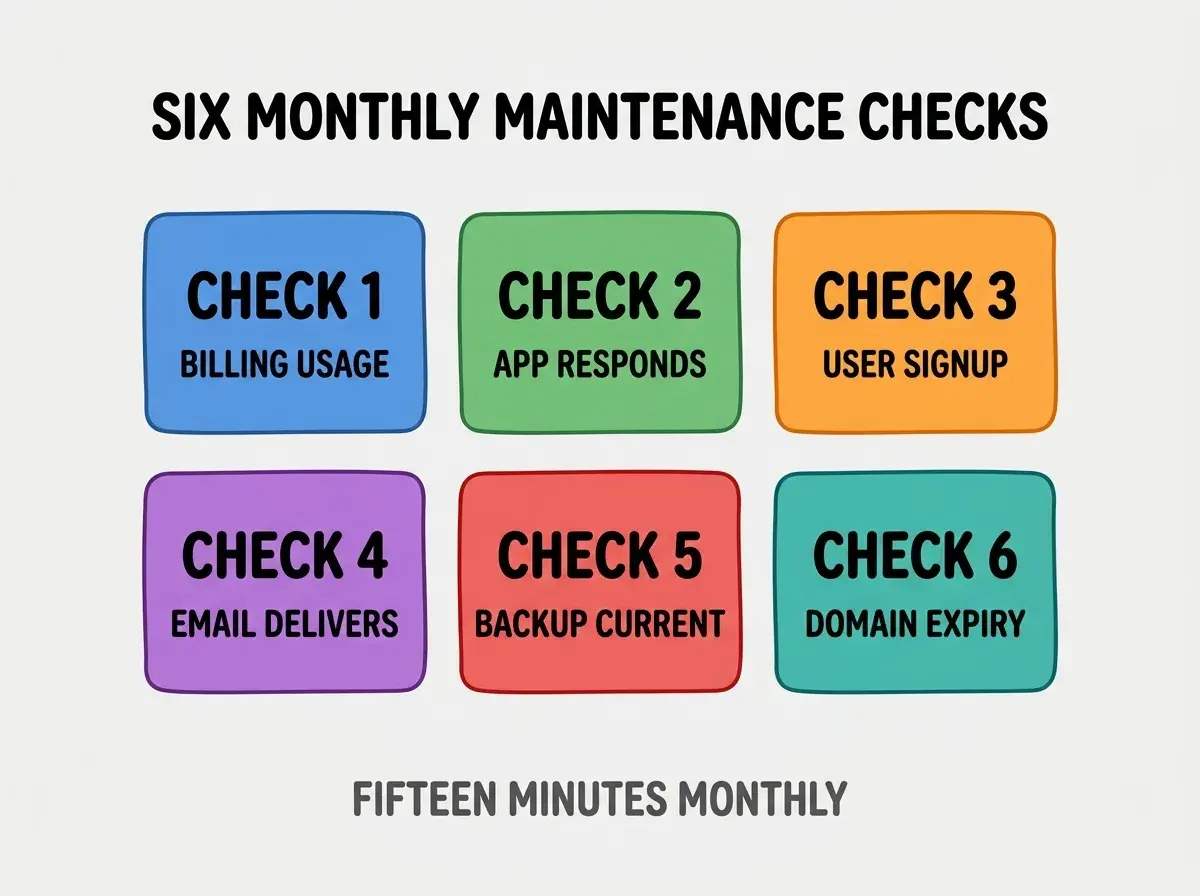 Clean modern flat infographic on light gray background. Top center bold black title text: SIX MONTHLY MAINTENANCE CHECKS. Below title, six equal sized colored rounded rectangle cards arranged in two rows of three. Card 1 blue: large bold text CHECK 1 then smaller text BILLING USAGE. Card 2 green: large bold text CHECK 2 then smaller text APP RESPONDS. Card 3 orange: large bold text CHECK 3 then smaller text USER SIGNUP. Card 4 purple: large bold text CHECK 4 then smaller text EMAIL DELIVERS. Card 5 red: large bold text CHECK 5 then smaller text BACKUP CURRENT. Card 6 teal: large bold text CHECK 6 then smaller text DOMAIN EXPIRY. Single footer line below cards in dark gray text: FIFTEEN MINUTES MONTHLY. Nothing else on canvas. No text outside cards or below cards.