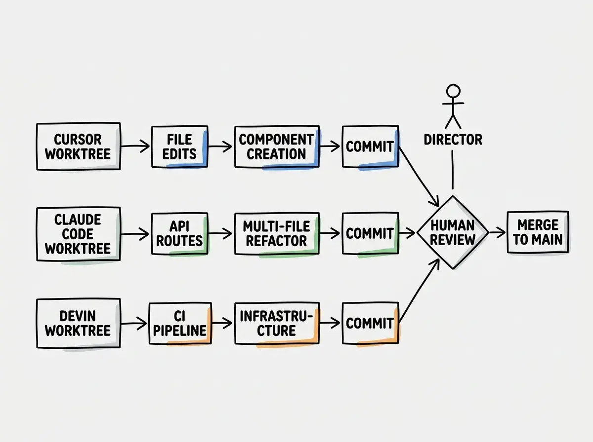EXPLAINER DIAGRAM: A horizontal workflow diagram on white background showing three parallel lanes. Each lane starts with a GIT WORKTREE box on the left. Lane 1 is labeled CURSOR WORKTREE with an arrow flowing right through boxes FILE EDITS then COMPONENT CREATION then COMMIT. Lane 2 is labeled CLAUDE CODE WORKTREE with an arrow through API ROUTES then MULTI-FILE REFACTOR then COMMIT. Lane 3 is labeled DEVIN WORKTREE with an arrow through CI PIPELINE then INFRASTRUCTURE then COMMIT. All three lanes converge into a single diamond labeled HUMAN REVIEW on the right side. From the diamond, a single arrow points to a final box labeled MERGE TO MAIN. A stick figure labeled DIRECTOR stands above the diamond indicating the human orchestrator role.