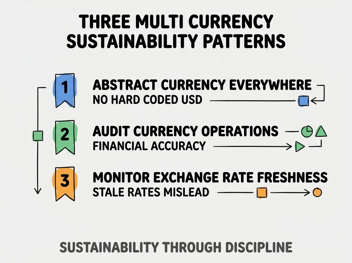 Clean modern flat infographic on light gray background. Top title bold black: THREE MULTI CURRENCY SUSTAINABILITY PATTERNS. Single vertical numbered list with three rows. Row 1 blue badge ABSTRACT CURRENCY EVERYWHERE with subtitle NO HARD CODED USD. Row 2 green badge AUDIT CURRENCY OPERATIONS with subtitle FINANCIAL ACCURACY. Row 3 orange badge MONITOR EXCHANGE RATE FRESHNESS with subtitle STALE RATES MISLEAD. Footer text dark gray: SUSTAINABILITY THROUGH DISCIPLINE. Each label appears exactly once. No duplicated text.