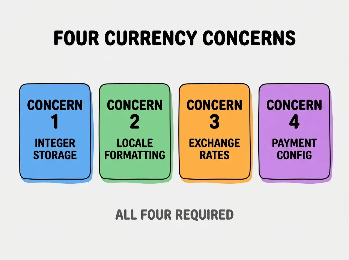 Clean modern flat infographic on light gray background. Top center bold black title text: FOUR CURRENCY CONCERNS. Below title, four equal sized colored rounded rectangle cards arranged horizontally. Card 1 blue: large bold text CONCERN 1 then smaller text INTEGER STORAGE. Card 2 green: large bold text CONCERN 2 then smaller text LOCALE FORMATTING. Card 3 orange: large bold text CONCERN 3 then smaller text EXCHANGE RATES. Card 4 purple: large bold text CONCERN 4 then smaller text PAYMENT CONFIG. Single footer line below cards in dark gray text: ALL FOUR REQUIRED. Nothing else on canvas. No text outside cards or below cards.