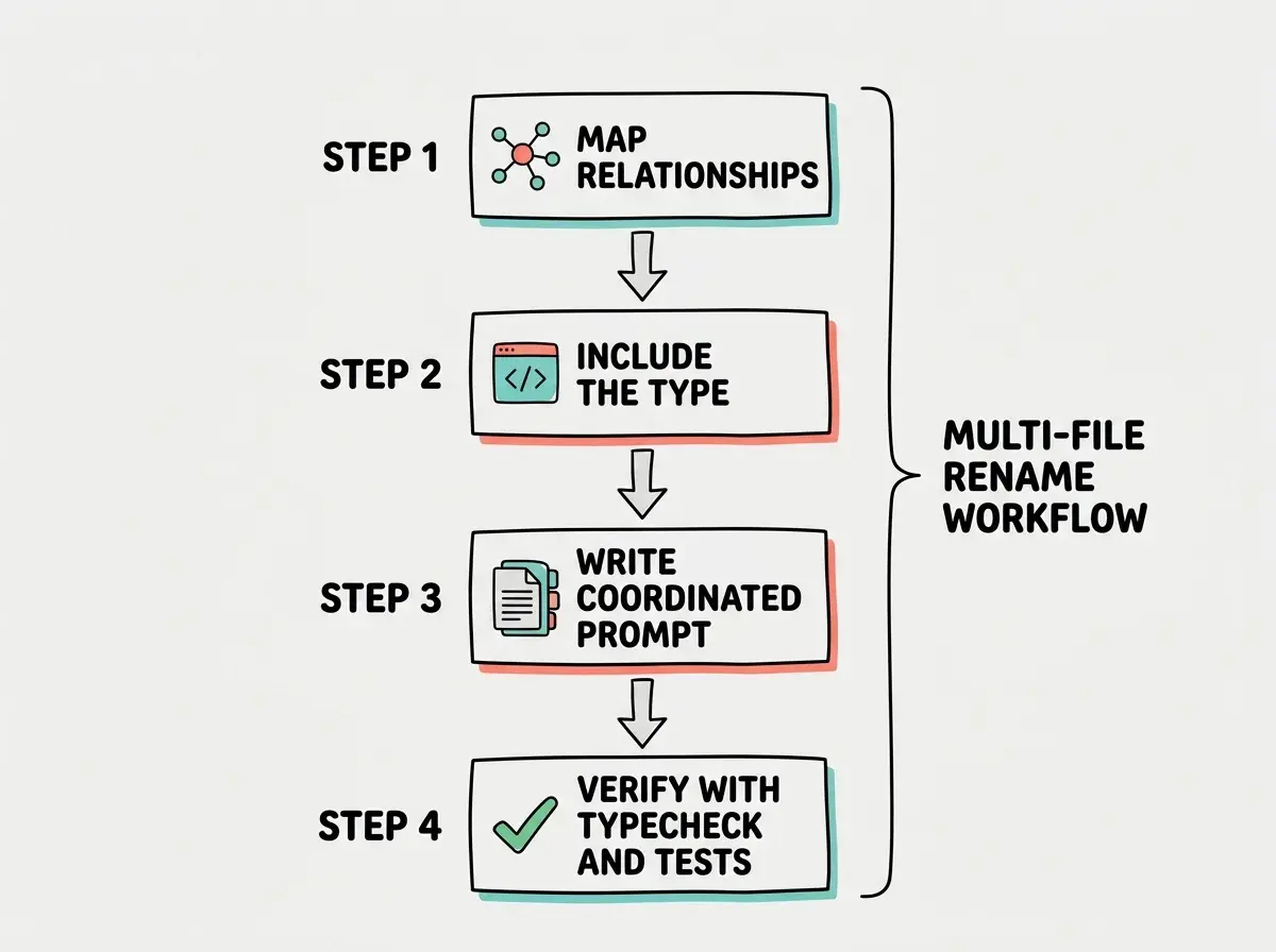 EXPLAINER DIAGRAM: A vertical four-step flow chart. Step 1 at the top is a box labeled MAP RELATIONSHIPS with a small icon of connected nodes. An arrow points down to Step 2, a box labeled INCLUDE THE TYPE with a small icon of a code bracket. An arrow points down to Step 3, a box labeled WRITE COORDINATED PROMPT with a small icon of a document with multiple file tabs. An arrow points down to Step 4 at the bottom, a box labeled VERIFY WITH TYPECHECK AND TESTS with a small icon of a green checkmark. Along the right side, a vertical bracket groups all four steps and reads MULTI-FILE RENAME WORKFLOW. Light gray background with teal and coral accent colors.