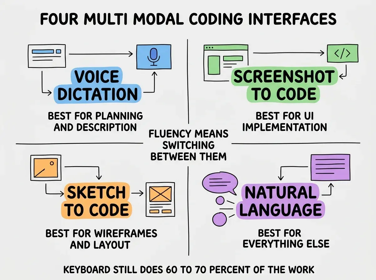 EXPLAINER DIAGRAM titled FOUR MULTI MODAL CODING INTERFACES shown as a 2x2 grid of quadrants on a slate background. Top left blue VOICE DICTATION sublabel BEST FOR PLANNING AND DESCRIPTION. Top right green SCREENSHOT TO CODE sublabel BEST FOR UI IMPLEMENTATION. Bottom left orange SKETCH TO CODE sublabel BEST FOR WIREFRAMES AND LAYOUT. Bottom right purple NATURAL LANGUAGE sublabel BEST FOR EVERYTHING ELSE. Center label reads FLUENCY MEANS SWITCHING BETWEEN THEM. Footer reads KEYBOARD STILL DOES 60 TO 70 PERCENT OF THE WORK.