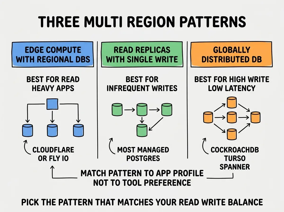 EXPLAINER DIAGRAM titled THREE MULTI REGION PATTERNS shown as a horizontal three-panel layout on a slate background. Panel 1 colored blue header EDGE COMPUTE WITH REGIONAL DBS sublabel BEST FOR READ HEAVY APPS, with note CLOUDFLARE OR FLY IO. Panel 2 colored green header READ REPLICAS WITH SINGLE WRITE sublabel BEST FOR INFREQUENT WRITES, with note MOST MANAGED POSTGRES. Panel 3 colored orange header GLOBALLY DISTRIBUTED DB sublabel BEST FOR HIGH WRITE LOW LATENCY, with note COCKROACHDB TURSO SPANNER. Center label reads MATCH PATTERN TO APP PROFILE NOT TO TOOL PREFERENCE. Footer reads PICK THE PATTERN THAT MATCHES YOUR READ WRITE BALANCE.