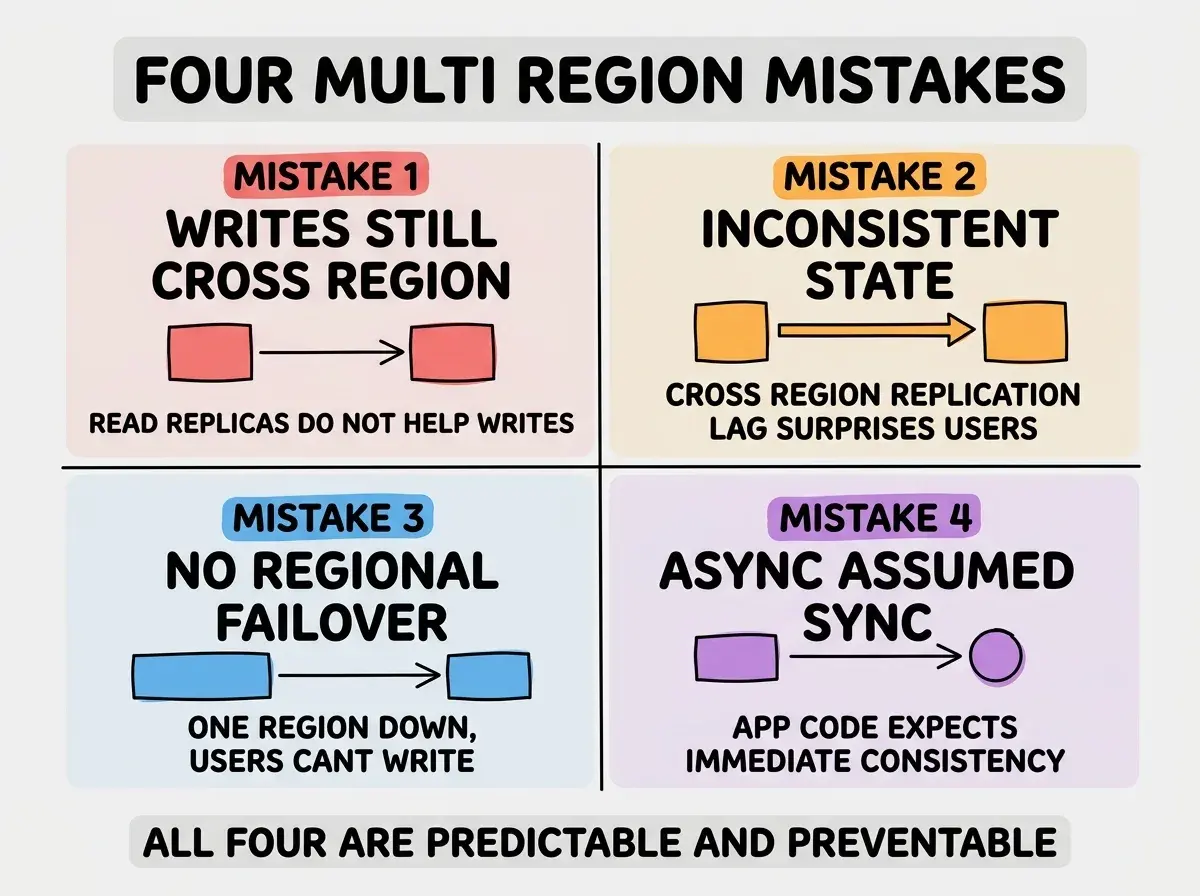 EXPLAINER DIAGRAM titled FOUR MULTI REGION MISTAKES shown as a 2x2 grid of quadrants on a slate background. Top left red MISTAKE 1 WRITES STILL CROSS REGION sublabel READ REPLICAS DO NOT HELP WRITES. Top right orange MISTAKE 2 INCONSISTENT STATE sublabel CROSS REGION REPLICATION LAG SURPRISES USERS. Bottom left blue MISTAKE 3 NO REGIONAL FAILOVER sublabel ONE REGION DOWN, USERS CANT WRITE. Bottom right purple MISTAKE 4 ASYNC ASSUMED SYNC sublabel APP CODE EXPECTS IMMEDIATE CONSISTENCY. Footer reads ALL FOUR ARE PREDICTABLE AND PREVENTABLE.