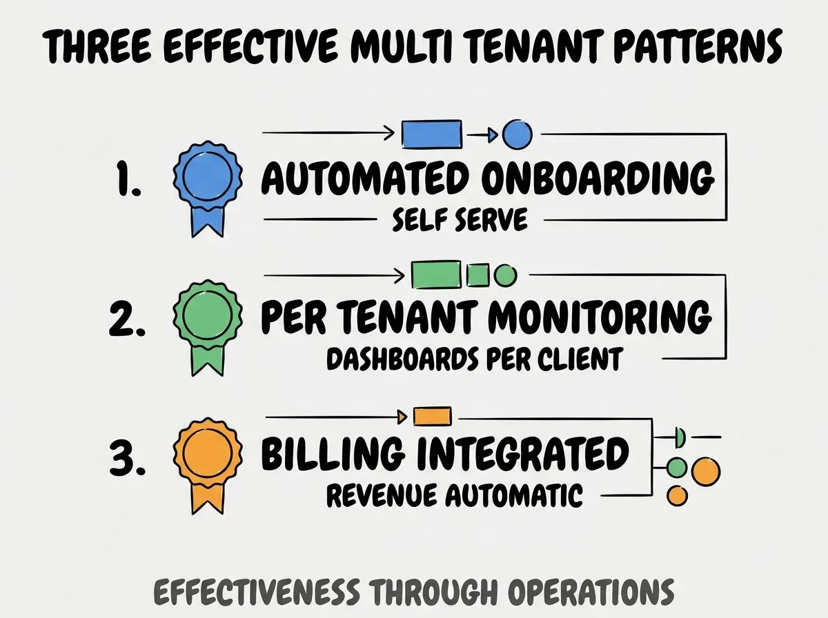 Clean modern flat infographic on light gray background. Top title bold black: THREE EFFECTIVE MULTI TENANT PATTERNS. Single vertical numbered list with three rows. Row 1 blue badge AUTOMATED ONBOARDING with subtitle SELF SERVE. Row 2 green badge PER TENANT MONITORING with subtitle DASHBOARDS PER CLIENT. Row 3 orange badge BILLING INTEGRATED with subtitle REVENUE AUTOMATIC. Footer text dark gray: EFFECTIVENESS THROUGH OPERATIONS. Each label appears exactly once. No duplicated text.