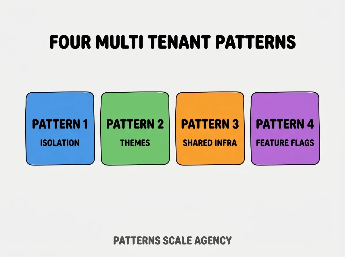 Clean modern flat infographic on light gray background. Top center bold black title text: FOUR MULTI TENANT PATTERNS. Below title, four equal sized colored rounded rectangle cards arranged horizontally. Card 1 blue: large bold text PATTERN 1 then smaller text ISOLATION. Card 2 green: large bold text PATTERN 2 then smaller text THEMES. Card 3 orange: large bold text PATTERN 3 then smaller text SHARED INFRA. Card 4 purple: large bold text PATTERN 4 then smaller text FEATURE FLAGS. Single footer line below cards in dark gray text: PATTERNS SCALE AGENCY. Nothing else on canvas. No text outside cards or below cards.