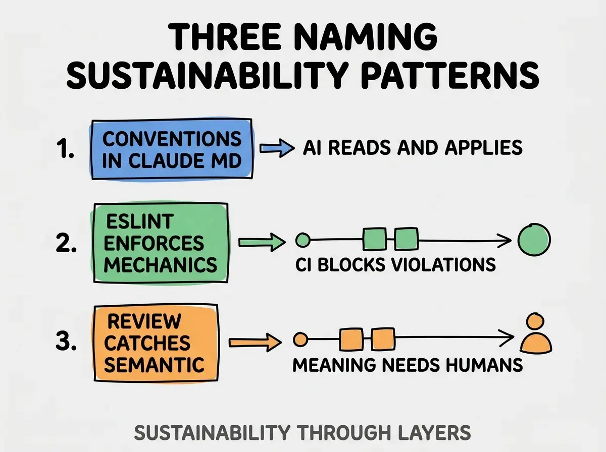 Clean modern flat infographic on light gray background. Top title bold black: THREE NAMING SUSTAINABILITY PATTERNS. Single vertical numbered list with three rows. Row 1 blue badge CONVENTIONS IN CLAUDE MD with subtitle AI READS AND APPLIES. Row 2 green badge ESLINT ENFORCES MECHANICS with subtitle CI BLOCKS VIOLATIONS. Row 3 orange badge REVIEW CATCHES SEMANTIC with subtitle MEANING NEEDS HUMANS. Footer text dark gray: SUSTAINABILITY THROUGH LAYERS. Each label appears exactly once. No duplicated text.