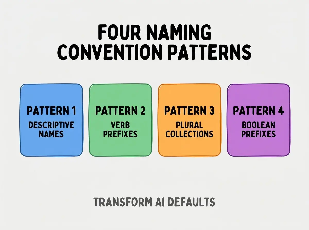 Clean modern flat infographic on light gray background. Top center bold black title text: FOUR NAMING CONVENTION PATTERNS. Below title, four equal sized colored rounded rectangle cards arranged horizontally. Card 1 blue: large bold text PATTERN 1 then smaller text DESCRIPTIVE NAMES. Card 2 green: large bold text PATTERN 2 then smaller text VERB PREFIXES. Card 3 orange: large bold text PATTERN 3 then smaller text PLURAL COLLECTIONS. Card 4 purple: large bold text PATTERN 4 then smaller text BOOLEAN PREFIXES. Single footer line below cards in dark gray text: TRANSFORM AI DEFAULTS. Nothing else on canvas. No text outside cards or below cards.