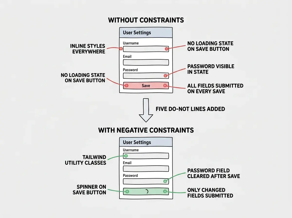 EXPLAINER DIAGRAM: A vertical comparison showing two versions of a user settings form. Top version labeled WITHOUT CONSTRAINTS shows a wireframe form with red annotation callouts pointing to problems: inline styles everywhere, no loading state on save button, password visible in state, all fields submitted on every save. Bottom version labeled WITH NEGATIVE CONSTRAINTS shows the same form with green annotation callouts pointing to improvements: Tailwind utility classes, spinner on save button, password field cleared after save, only changed fields submitted. An arrow between them is labeled FIVE DO-NOT LINES ADDED.