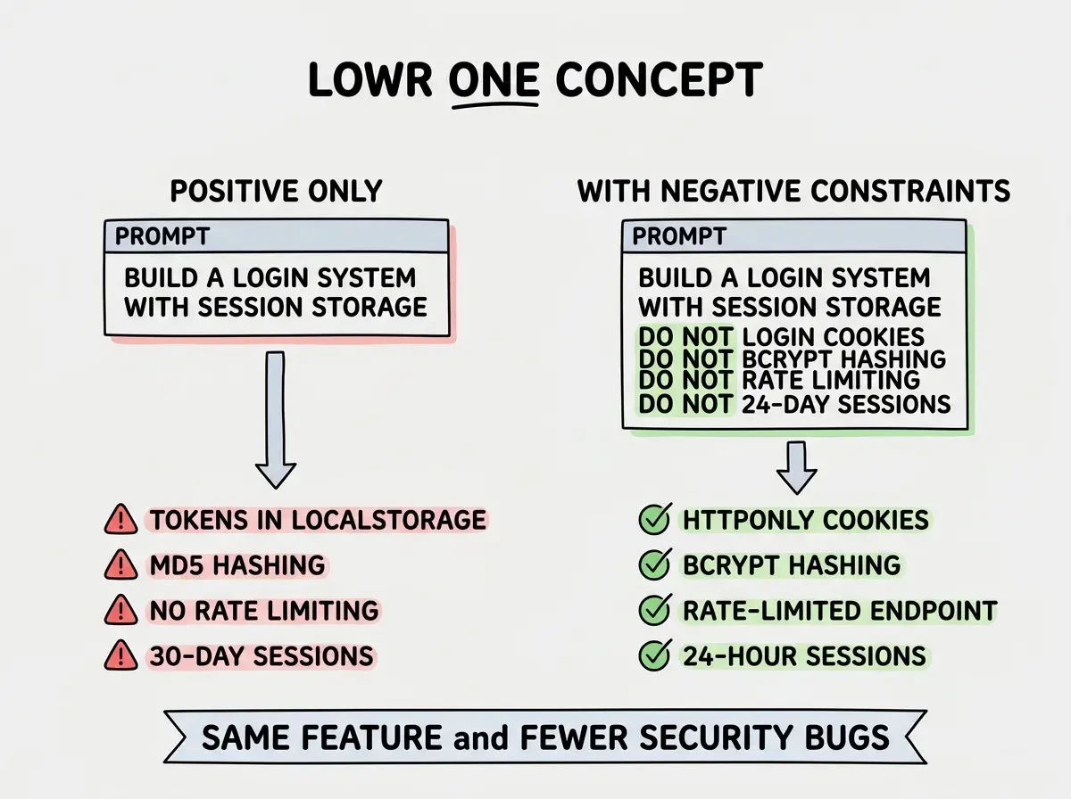 EXPLAINER DIAGRAM: Two side-by-side code request comparisons. Left side labeled POSITIVE ONLY shows a prompt box reading Build a login system with session storage, with an arrow pointing down to four red warning items: tokens in localStorage, MD5 hashing, no rate limiting, 30-day sessions. Right side labeled WITH NEGATIVE CONSTRAINTS shows the same prompt box plus four DO NOT lines, with an arrow pointing down to four green checkmark items: httpOnly cookies, bcrypt hashing, rate-limited endpoint, 24-hour sessions. A banner at the bottom reads SAME FEATURE and FEWER SECURITY BUGS.