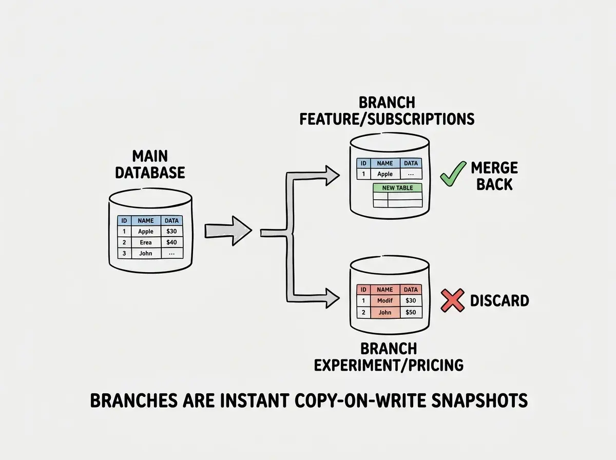 EXPLAINER DIAGRAM: A horizontal flowchart on white background showing database branching. On the left, a cylinder labeled MAIN DATABASE with sample data rows inside. An arrow points right to a fork that splits into two paths. The top path leads to a cylinder labeled BRANCH feature/subscriptions with a new table added, marked with a green checkmark and the text MERGE BACK. The bottom path leads to a cylinder labeled BRANCH experiment/pricing with modified data, marked with a red X and the text DISCARD. Below the diagram, a caption reads BRANCHES ARE INSTANT COPY-ON-WRITE SNAPSHOTS.