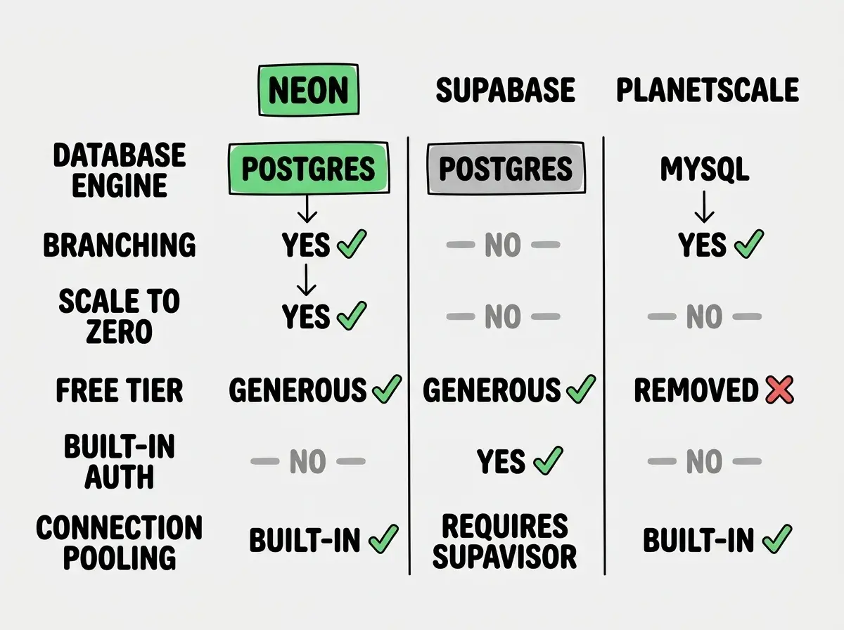EXPLAINER DIAGRAM: A three-column comparison table on white background. Column headers read NEON, SUPABASE, and PLANETSCALE. Row labels on the left read DATABASE ENGINE, BRANCHING, SCALE TO ZERO, FREE TIER, BUILT-IN AUTH, and CONNECTION POOLING. Under NEON the values are POSTGRES, YES with a green checkmark, YES with a green checkmark, GENEROUS with a green checkmark, NO with a gray dash, and BUILT-IN with a green checkmark. Under SUPABASE the values are POSTGRES, NO with a gray dash, NO with a gray dash, GENEROUS with a green checkmark, YES with a green checkmark, and REQUIRES SUPAVISOR. Under PLANETSCALE the values are MYSQL, YES with a green checkmark, NO with a gray dash, REMOVED with a red X, NO with a gray dash, and BUILT-IN with a green checkmark.