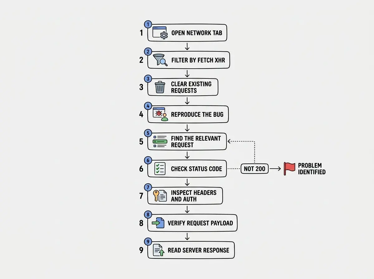 EXPLAINER DIAGRAM: A vertical flowchart with nine numbered steps connected by downward arrows. Step 1 Open Network Tab. Step 2 Filter by Fetch XHR. Step 3 Clear existing requests. Step 4 Reproduce the bug. Step 5 Find the relevant request. Step 6 Check status code. Step 7 Inspect headers and auth. Step 8 Verify request payload. Step 9 Read server response. Each step is in a rounded rectangle with a small icon. A dotted line from step 6 branches right to a box labeled Not 200 and then points to a red flag icon with text Problem identified. Clean minimal design with light background.
