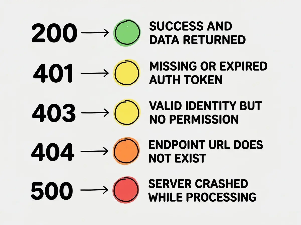 EXPLAINER DIAGRAM: Five horizontal rows, each showing a status code on the left (200, 401, 403, 404, 500) with a color-coded circle (green, yellow, yellow, orange, red) and a short plain-English explanation on the right. 200 green circle with text Success and data returned. 401 yellow circle with text Missing or expired auth token. 403 yellow circle with text Valid identity but no permission. 404 orange circle with text Endpoint URL does not exist. 500 red circle with text Server crashed while processing. Clean flat design with light background.