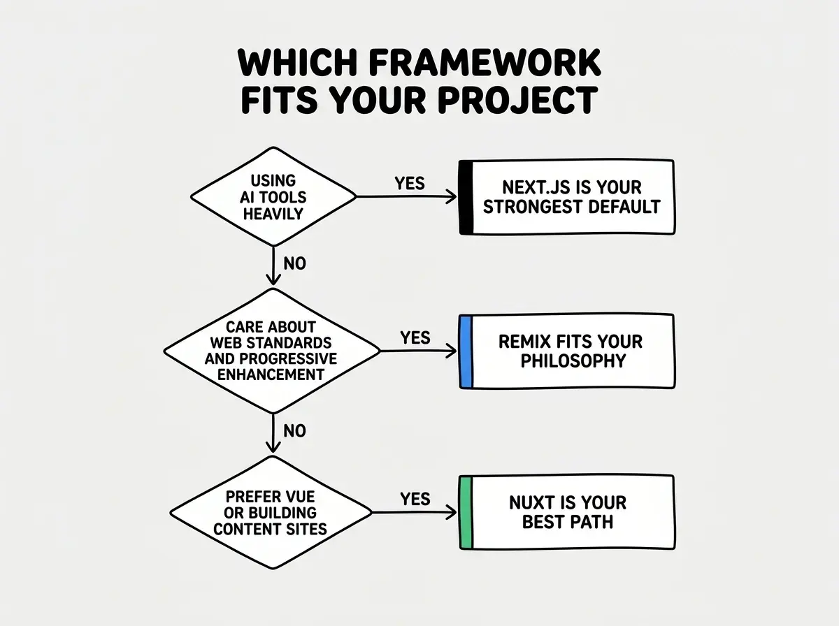 EXPLAINER DIAGRAM: A three-row decision flowchart on white background. The title reads WHICH FRAMEWORK FITS YOUR PROJECT. Row 1 starts with a diamond labeled USING AI TOOLS HEAVILY with a YES arrow pointing right to a box reading NEXT.JS IS YOUR STRONGEST DEFAULT and a NO arrow pointing down. Row 2 starts with a diamond labeled CARE ABOUT WEB STANDARDS AND PROGRESSIVE ENHANCEMENT with a YES arrow pointing right to a box reading REMIX FITS YOUR PHILOSOPHY and a NO arrow pointing down. Row 3 starts with a diamond labeled PREFER VUE OR BUILDING CONTENT SITES with a YES arrow pointing right to a box reading NUXT IS YOUR BEST PATH. Each endpoint box has a colored left border: Next.js in black, Remix in blue, Nuxt in green.
