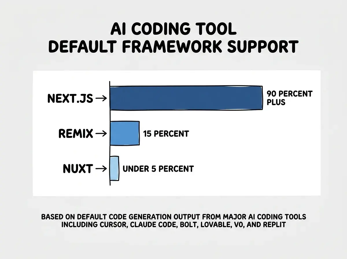 EXPLAINER DIAGRAM: A horizontal bar chart on white background comparing AI tool support across three frameworks. The chart title reads AI CODING TOOL DEFAULT FRAMEWORK SUPPORT. Three horizontal bars are shown. NEXT.JS bar extends to roughly 90 percent of the chart width, filled in dark blue, with the label 90 PERCENT PLUS at the end. REMIX bar extends to roughly 15 percent, filled in medium blue, with the label 15 PERCENT. NUXT bar extends to roughly 5 percent, filled in light blue, with the label UNDER 5 PERCENT. Below the chart, a footnote reads Based on default code generation output from major AI coding tools including Cursor, Claude Code, Bolt, Lovable, v0, and Replit.