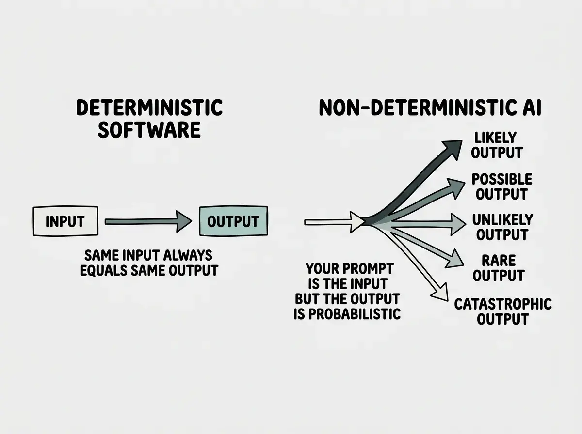 EXPLAINER DIAGRAM: A horizontal comparison of two models. Left side labeled DETERMINISTIC SOFTWARE shows a straight arrow from INPUT to OUTPUT with a label reading SAME INPUT ALWAYS EQUALS SAME OUTPUT. Right side labeled NON-DETERMINISTIC AI shows an input arrow splitting into a probability fan of five diverging arrows, each leading to a different output box labeled LIKELY OUTPUT, POSSIBLE OUTPUT, UNLIKELY OUTPUT, RARE OUTPUT, and CATASTROPHIC OUTPUT. The likely output arrow is thick and dark, each subsequent arrow is thinner and lighter. A note beneath reads YOUR PROMPT IS THE INPUT BUT THE OUTPUT IS PROBABILISTIC.