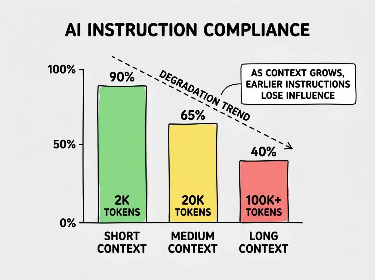 EXPLAINER DIAGRAM: A vertical bar chart showing AI INSTRUCTION COMPLIANCE on the y-axis from 0% to 100%. Three grouped bars represent different scenarios. First group labeled SHORT CONTEXT shows a tall green bar at roughly 90%. Second group labeled MEDIUM CONTEXT shows a yellow bar at roughly 65%. Third group labeled LONG CONTEXT shows a red bar at roughly 40%. Below each group, the token count reads 2K TOKENS, 20K TOKENS, and 100K+ TOKENS. A diagonal dashed line labeled DEGRADATION TREND slopes downward from left to right. A callout box reads AS CONTEXT GROWS, EARLIER INSTRUCTIONS LOSE INFLUENCE.