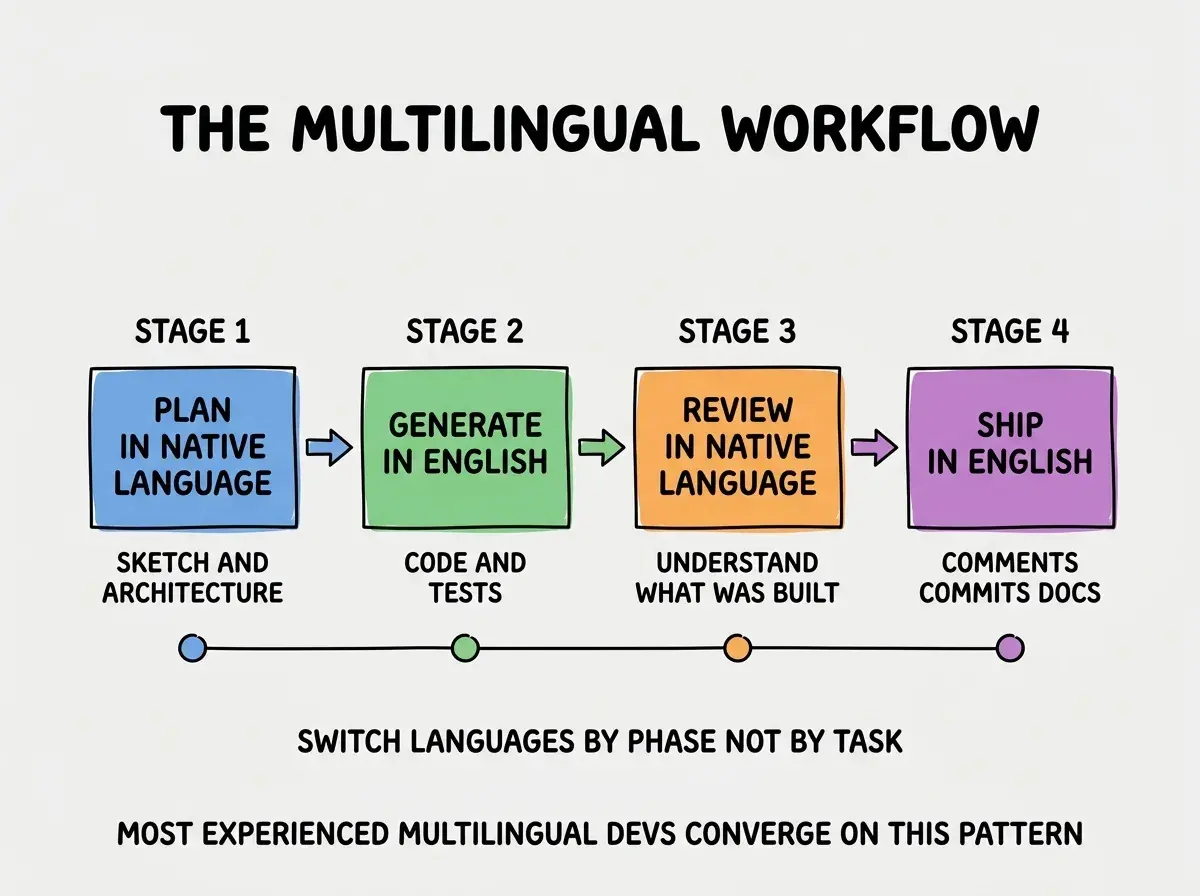 EXPLAINER DIAGRAM titled THE MULTILINGUAL WORKFLOW shown as a horizontal four-stage pipeline on a slate background. Stage 1 colored blue PLAN IN NATIVE LANGUAGE sublabel SKETCH AND ARCHITECTURE. Stage 2 colored green GENERATE IN ENGLISH sublabel CODE AND TESTS. Stage 3 colored orange REVIEW IN NATIVE LANGUAGE sublabel UNDERSTAND WHAT WAS BUILT. Stage 4 colored purple SHIP IN ENGLISH sublabel COMMENTS COMMITS AND DOCS. Bottom note reads SWITCH LANGUAGES BY PHASE NOT BY TASK. Footer reads MOST EXPERIENCED MULTILINGUAL DEVS CONVERGE ON THIS PATTERN.