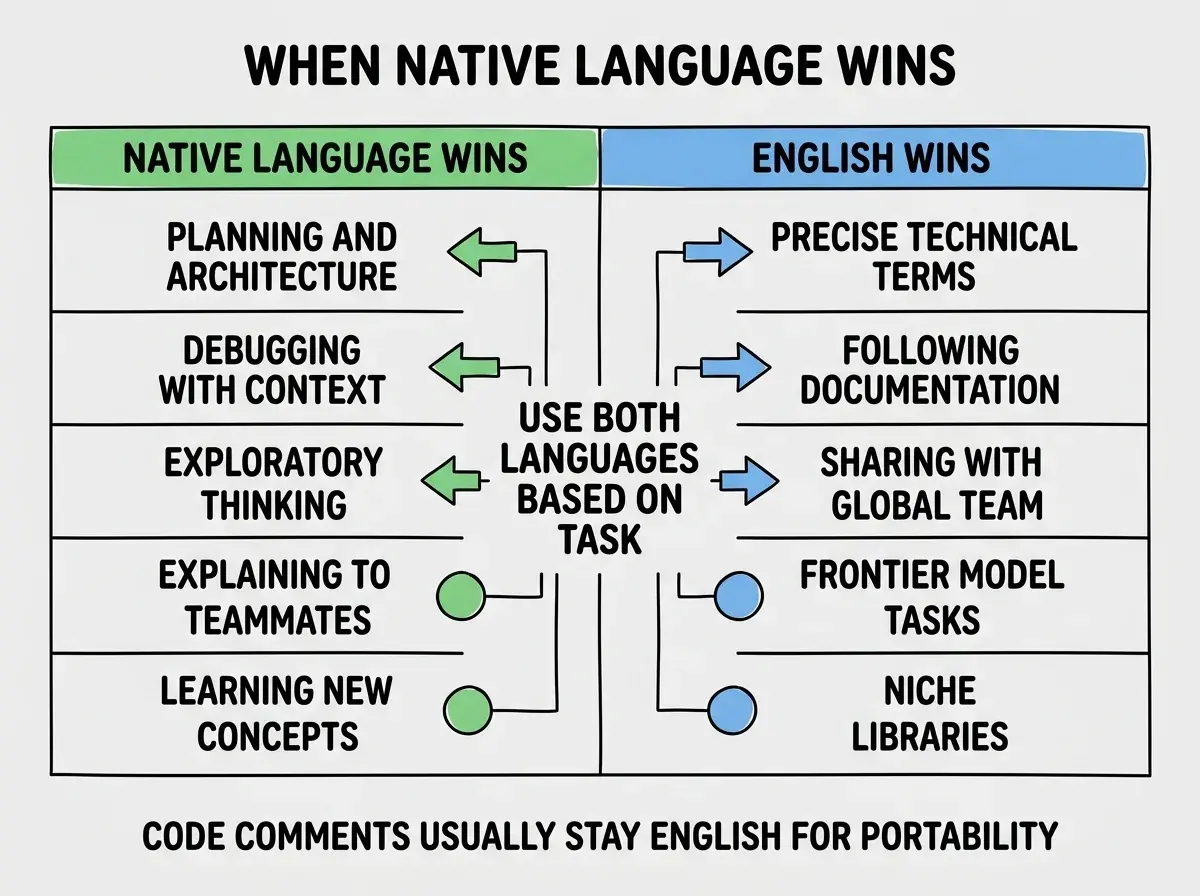 EXPLAINER DIAGRAM titled WHEN NATIVE LANGUAGE WINS shown as a horizontal split panel on a slate background. Left panel header NATIVE LANGUAGE WINS in green, with stacked rows: PLANNING AND ARCHITECTURE, DEBUGGING WITH CONTEXT, EXPLORATORY THINKING, EXPLAINING TO TEAMMATES, LEARNING NEW CONCEPTS. Right panel header ENGLISH WINS in blue, with stacked rows: PRECISE TECHNICAL TERMS, FOLLOWING DOCUMENTATION, SHARING WITH GLOBAL TEAM, FRONTIER MODEL TASKS, NICHE LIBRARIES. Center divider has bold text reading USE BOTH LANGUAGES BASED ON TASK. Footer reads CODE COMMENTS USUALLY STAY ENGLISH FOR PORTABILITY.