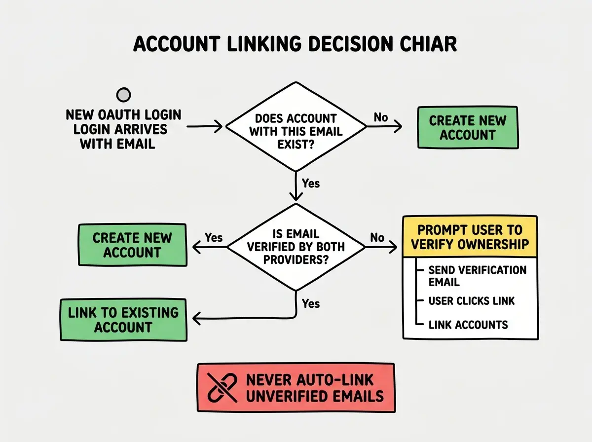 EXPLAINER DIAGRAM: A flowchart showing the account linking decision process. Starting node: NEW OAUTH LOGIN ARRIVES WITH EMAIL. First decision diamond: DOES ACCOUNT WITH THIS EMAIL EXIST? If No, arrow to CREATE NEW ACCOUNT box (green). If Yes, arrow to second decision diamond: IS EMAIL VERIFIED BY BOTH PROVIDERS? If Yes, arrow to LINK TO EXISTING ACCOUNT box (green). If No, arrow to PROMPT USER TO VERIFY OWNERSHIP box (yellow), which shows sub-steps: send verification email, user clicks link, then link accounts. A red warning box at the bottom reads NEVER AUTO-LINK UNVERIFIED EMAILS with an icon of a crossed-out chain link.