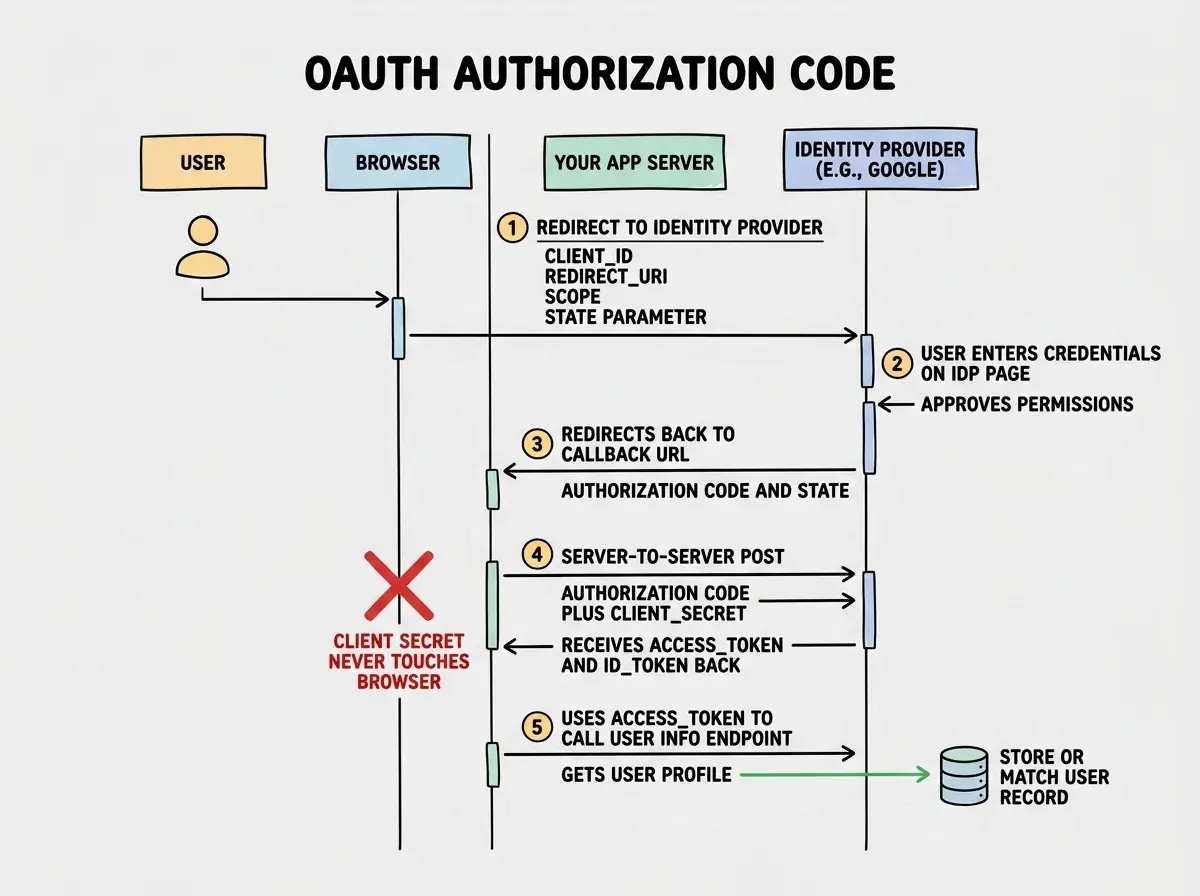 EXPLAINER DIAGRAM: A vertical sequence diagram showing the OAuth Authorization Code flow. Five swim lanes labeled USER, BROWSER, YOUR APP SERVER, and IDENTITY PROVIDER (e.g., Google). Step 1: Browser sends redirect to Identity Provider with client_id, redirect_uri, scope, and state parameter. Step 2: User enters credentials on Identity Provider page and approves permissions. Step 3: Identity Provider redirects back to YOUR APP SERVER callback URL with authorization code and state parameter. Step 4: YOUR APP SERVER sends a server-to-server POST to Identity Provider with authorization code plus client_secret, receives access_token and id_token back. Step 5: YOUR APP SERVER uses access_token to call Identity Provider user info endpoint, gets user profile. A red X marks the browser column for Step 4 with label CLIENT SECRET NEVER TOUCHES BROWSER. A green arrow from Step 5 to a database icon shows STORE OR MATCH USER RECORD.