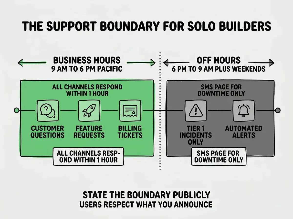 EXPLAINER DIAGRAM titled THE SUPPORT BOUNDARY FOR SOLO BUILDERS shown as a horizontal timeline with two zones on a slate background. Left zone in green labeled BUSINESS HOURS 9 AM TO 6 PM PACIFIC, shows three icons inside, customer questions, feature requests, billing tickets, label reads ALL CHANNELS RESPOND WITHIN 1 HOUR. Right zone in dark gray labeled OFF HOURS 6 PM TO 9 AM PLUS WEEKENDS, shows two icons inside, tier 1 incidents only, automated alerts, label reads SMS PAGE FOR DOWNTIME ONLY EVERYTHING ELSE WAITS. Vertical dotted line separates the zones. A footer reads STATE THE BOUNDARY PUBLICLY YOUR USERS RESPECT WHAT YOU ANNOUNCE. A small annotation in the green zone reads THIS IS WHEN YOU ACTUALLY REPLY.
