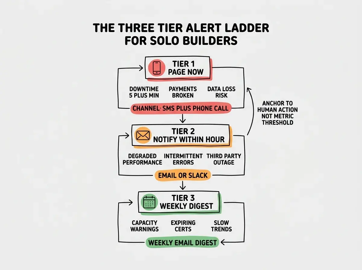 EXPLAINER DIAGRAM titled THE THREE TIER ALERT LADDER FOR SOLO BUILDERS shown as a vertical flow on a slate background with three stacked tiers separated by horizontal arrows. Top tier in red labeled TIER 1 PAGE NOW with phone icon, sublabels DOWNTIME 5 PLUS MIN, PAYMENTS BROKEN, DATA LOSS RISK, channel reads SMS PLUS PHONE CALL. Middle tier in orange labeled TIER 2 NOTIFY WITHIN HOUR with email icon, sublabels DEGRADED PERFORMANCE, INTERMITTENT ERRORS, THIRD PARTY OUTAGE, channel reads EMAIL OR SLACK. Bottom tier in green labeled TIER 3 WEEKLY DIGEST with calendar icon, sublabels CAPACITY WARNINGS, EXPIRING CERTS, SLOW TRENDS, channel reads WEEKLY EMAIL ROUNDUP. A side annotation reads ANCHOR EVERY ALERT TO HUMAN ACTION NOT METRIC THRESHOLD. Footer reads MOST BUILDERS PAGE TOO MUCH AT TIER 1.