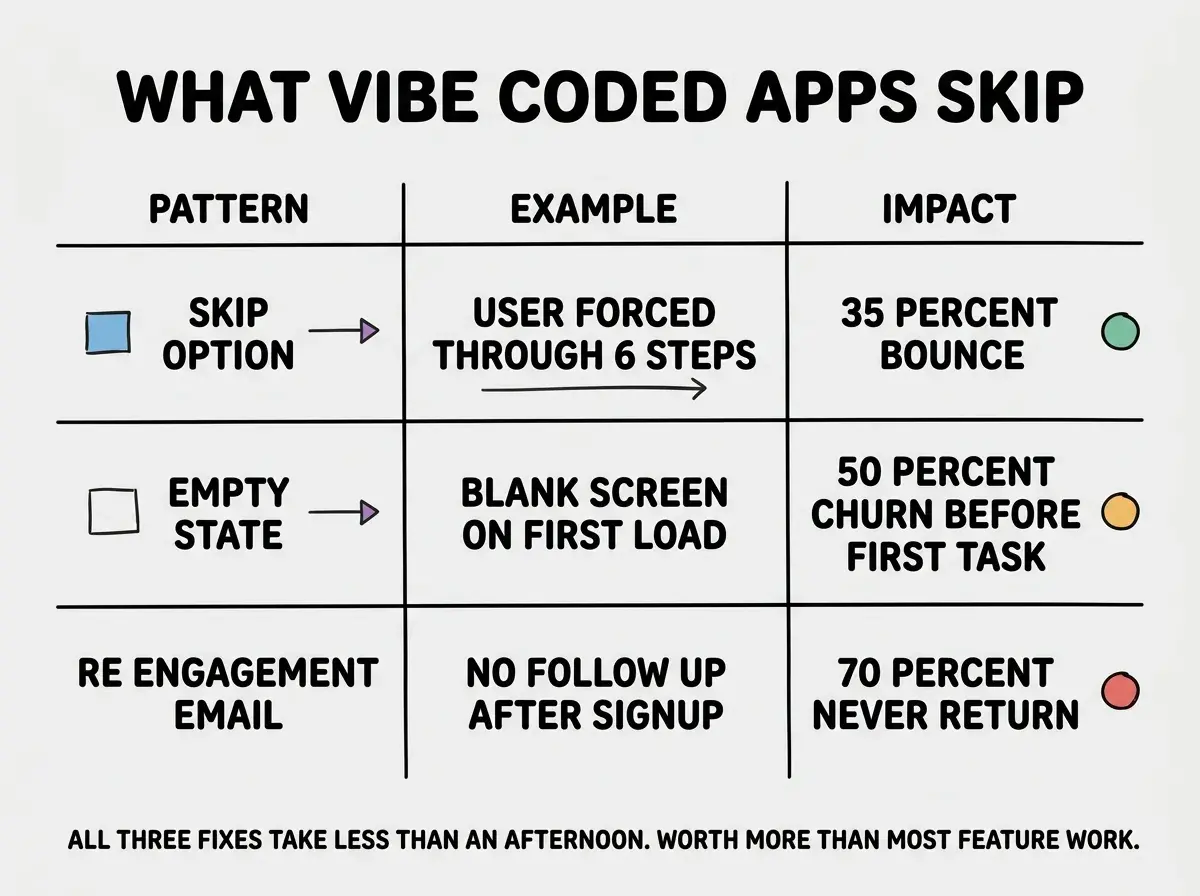 EXPLAINER DIAGRAM titled WHAT VIBE CODED APPS SKIP shown as a three row table on a slate background. Columns PATTERN, EXAMPLE, IMPACT. Row 1 SKIP OPTION example USER FORCED THROUGH 6 STEPS, impact 35 PERCENT BOUNCE. Row 2 EMPTY STATE example BLANK SCREEN ON FIRST LOAD, impact 50 PERCENT CHURN BEFORE FIRST TASK. Row 3 RE ENGAGEMENT EMAIL example NO FOLLOW UP AFTER SIGNUP, impact 70 PERCENT NEVER RETURN. Each row has a colored severity dot. Footer reads ALL THREE FIXES TAKE LESS THAN AN AFTERNOON. THEY ARE WORTH MORE THAN MOST FEATURE WORK.