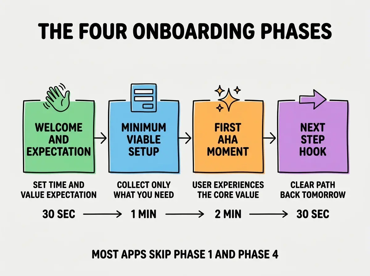 EXPLAINER DIAGRAM titled THE FOUR ONBOARDING PHASES shown as a horizontal flow on a slate background with four colored stages connected by arrows. Stage 1 in green labeled WELCOME AND EXPECTATION with a hand wave icon, sublabel SET TIME AND VALUE EXPECTATION, time 30 SEC. Stage 2 in blue labeled MINIMUM VIABLE SETUP with a form icon, sublabel COLLECT ONLY WHAT YOU NEED NOW, time 1 MIN. Stage 3 in orange labeled FIRST AHA MOMENT with a sparkle icon, sublabel USER EXPERIENCES THE CORE VALUE, time 2 MIN. Stage 4 in purple labeled NEXT STEP HOOK with an arrow icon, sublabel CLEAR PATH BACK TOMORROW, time 30 SEC. A side annotation reads EACH PHASE BLOCKS THE NEXT IF MISSING. Footer reads MOST APPS SKIP PHASE 1 AND PHASE 4.