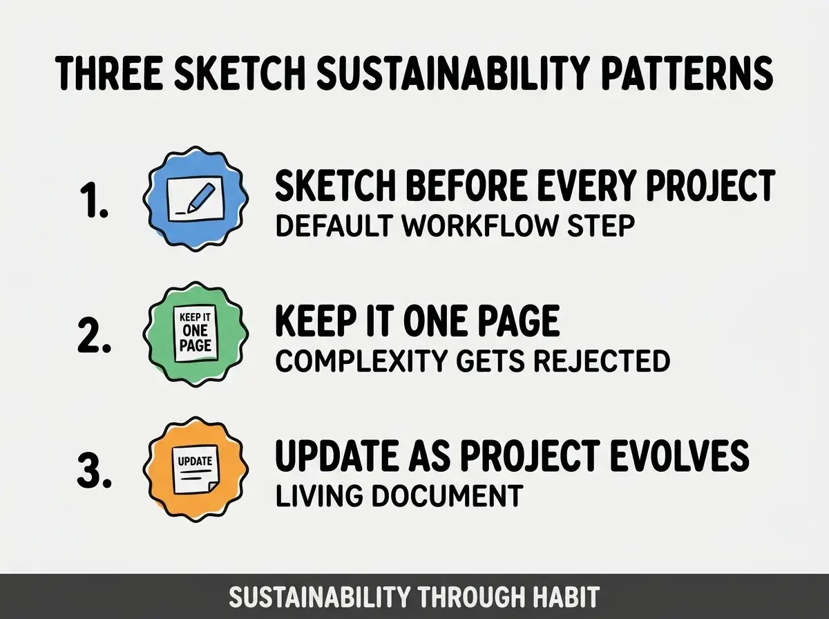 Clean modern flat infographic on light gray background. Top title bold black: THREE SKETCH SUSTAINABILITY PATTERNS. Single vertical numbered list with three rows. Row 1 blue badge SKETCH BEFORE EVERY PROJECT with subtitle DEFAULT WORKFLOW STEP. Row 2 green badge KEEP IT ONE PAGE with subtitle COMPLEXITY GETS REJECTED. Row 3 orange badge UPDATE AS PROJECT EVOLVES with subtitle LIVING DOCUMENT. Footer text dark gray: SUSTAINABILITY THROUGH HABIT. Each label appears exactly once. No duplicated text.