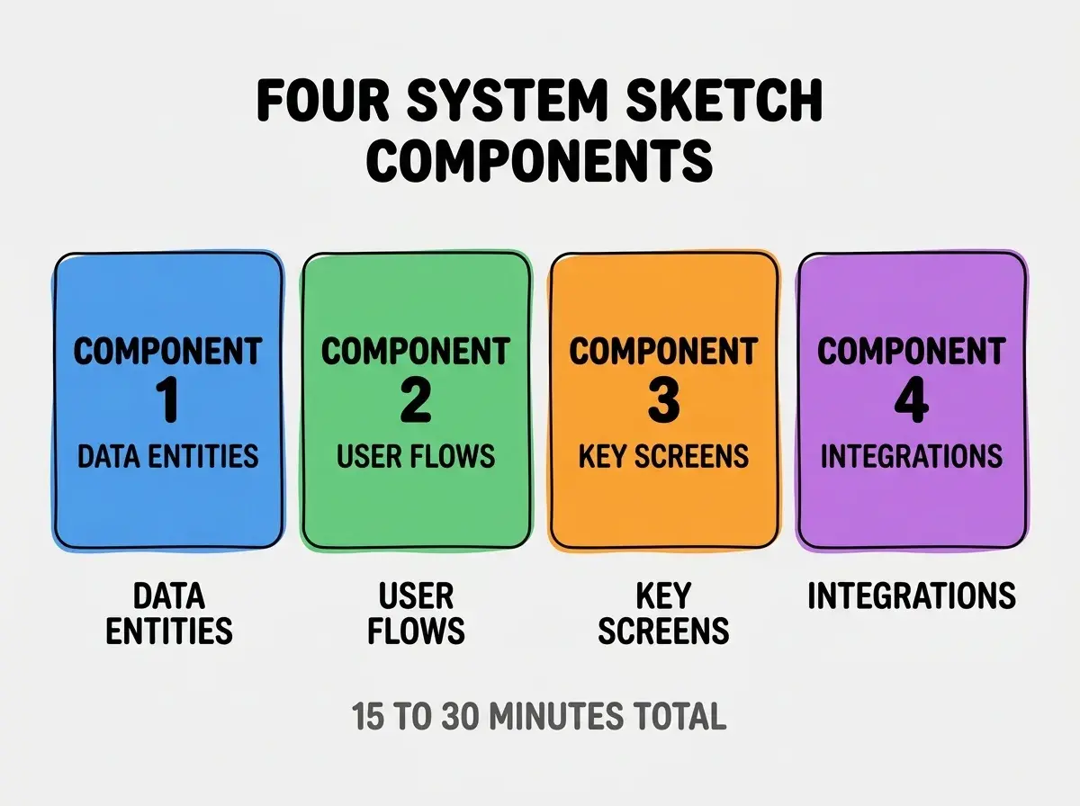 Clean modern flat infographic on light gray background. Top center bold black title text: FOUR SYSTEM SKETCH COMPONENTS. Below title, four equal sized colored rounded rectangle cards arranged horizontally. Card 1 blue: large bold text COMPONENT 1 then smaller text DATA ENTITIES. Card 2 green: large bold text COMPONENT 2 then smaller text USER FLOWS. Card 3 orange: large bold text COMPONENT 3 then smaller text KEY SCREENS. Card 4 purple: large bold text COMPONENT 4 then smaller text INTEGRATIONS. Single footer line below cards in dark gray text: 15 TO 30 MINUTES TOTAL. Nothing else on canvas. No text outside cards or below cards.