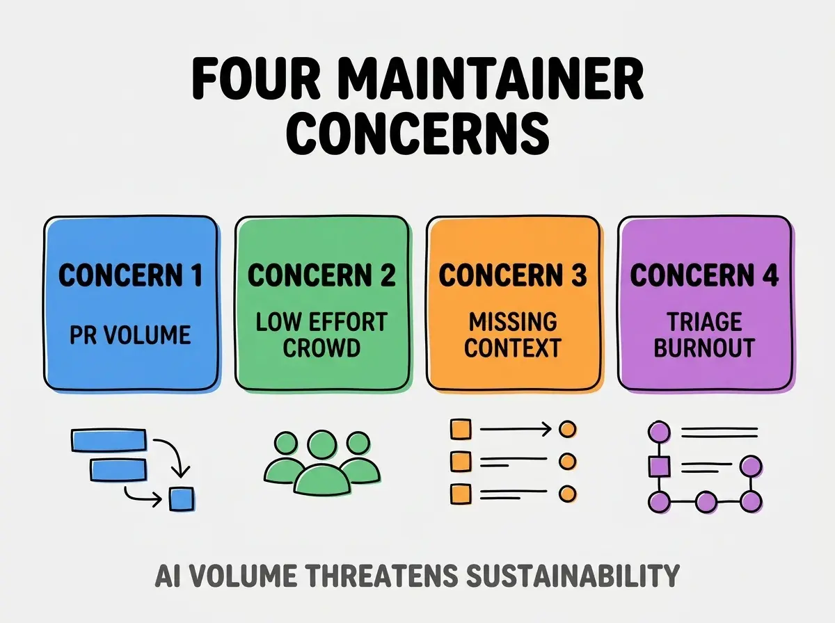 Clean modern flat infographic on light gray background. Top center bold black title text: FOUR MAINTAINER CONCERNS. Below title, four equal sized colored rounded rectangle cards arranged horizontally. Card 1 blue: large bold text CONCERN 1 then smaller text PR VOLUME. Card 2 green: large bold text CONCERN 2 then smaller text LOW EFFORT CROWD. Card 3 orange: large bold text CONCERN 3 then smaller text MISSING CONTEXT. Card 4 purple: large bold text CONCERN 4 then smaller text TRIAGE BURNOUT. Single footer line below cards in dark gray text: AI VOLUME THREATENS SUSTAINABILITY. Nothing else on canvas. No text outside cards or below cards.