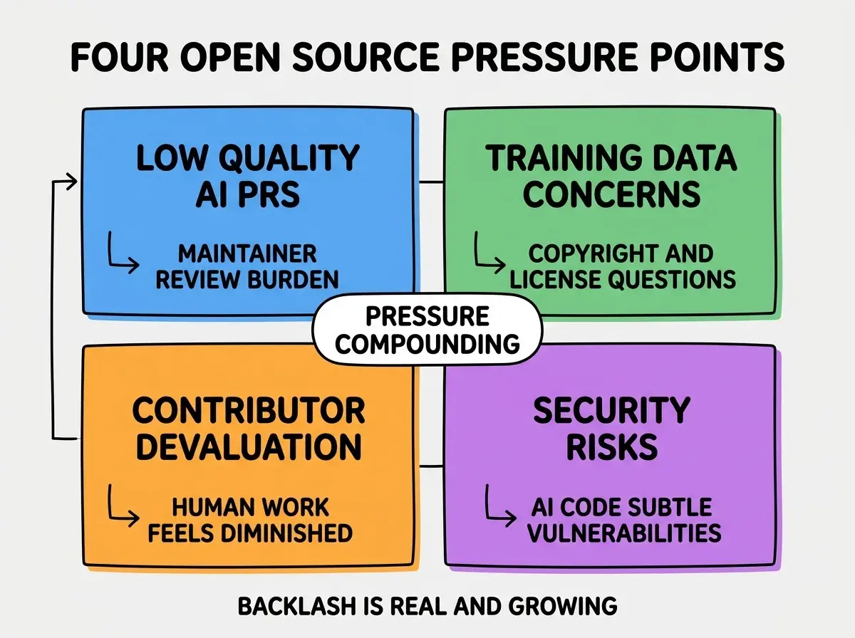 EXPLAINER DIAGRAM titled FOUR OPEN SOURCE PRESSURE POINTS shown as a 2x2 grid of quadrants on a slate background. Top left blue LOW QUALITY AI PRS sublabel MAINTAINER REVIEW BURDEN. Top right green TRAINING DATA CONCERNS sublabel COPYRIGHT AND LICENSE QUESTIONS. Bottom left orange CONTRIBUTOR DEVALUATION sublabel HUMAN WORK FEELS DIMINISHED. Bottom right purple SECURITY RISKS sublabel AI CODE SUBTLE VULNERABILITIES. Center label PRESSURE COMPOUNDING. Footer reads BACKLASH IS REAL AND GROWING.
