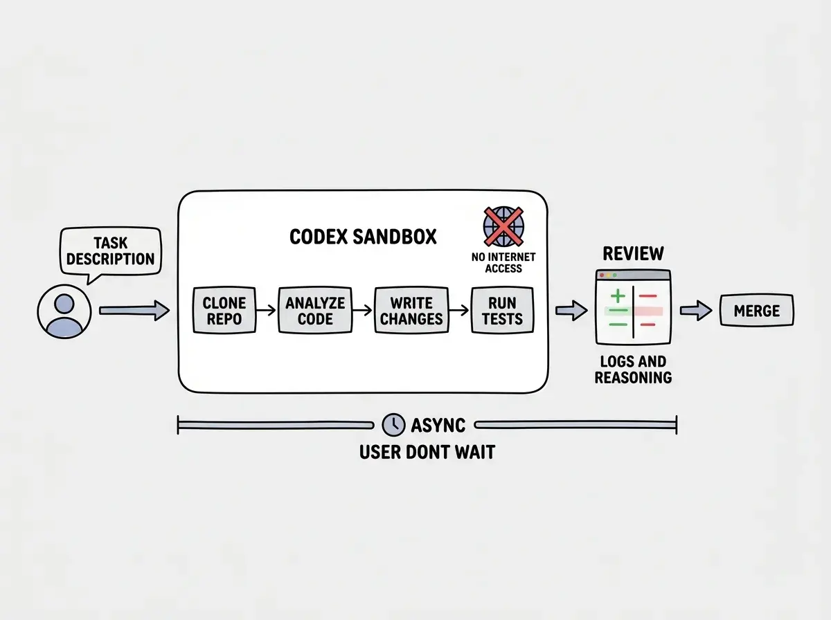 EXPLAINER DIAGRAM: A horizontal flow diagram on white background showing the Codex task lifecycle. Left side shows a USER icon with a speech bubble reading TASK DESCRIPTION, with an arrow pointing right to a large rounded rectangle labeled CODEX SANDBOX. Inside the sandbox, four sequential steps are shown as connected boxes: CLONE REPO, then ANALYZE CODE, then WRITE CHANGES, then RUN TESTS. The sandbox has a red X over a globe icon in the corner labeled NO INTERNET ACCESS. From the sandbox, an arrow points right to a REVIEW panel showing a diff view icon with green plus lines and red minus lines, and below it the text LOGS AND REASONING. A final arrow points to a MERGE button. Below the entire flow, a timeline bar shows ASYNC with a clock icon, indicating the user does not wait.