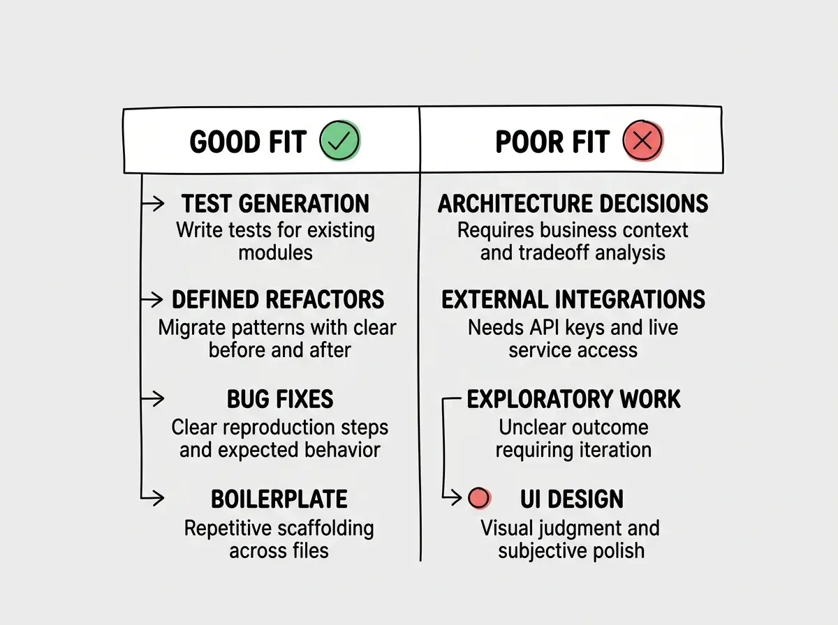 EXPLAINER DIAGRAM: A two-column comparison table on white background with headers GOOD FIT and POOR FIT. The GOOD FIT column has a green checkmark icon and lists four items with brief descriptions: TEST GENERATION with subtitle Write tests for existing modules, DEFINED REFACTORS with subtitle Migrate patterns with clear before and after, BUG FIXES with subtitle Clear reproduction steps and expected behavior, and BOILERPLATE with subtitle Repetitive scaffolding across files. The POOR FIT column has a red X icon and lists four items: ARCHITECTURE DECISIONS with subtitle Requires business context and tradeoff analysis, EXTERNAL INTEGRATIONS with subtitle Needs API keys and live service access, EXPLORATORY WORK with subtitle Unclear outcome requiring iteration, and UI DESIGN with subtitle Visual judgment and subjective polish.
