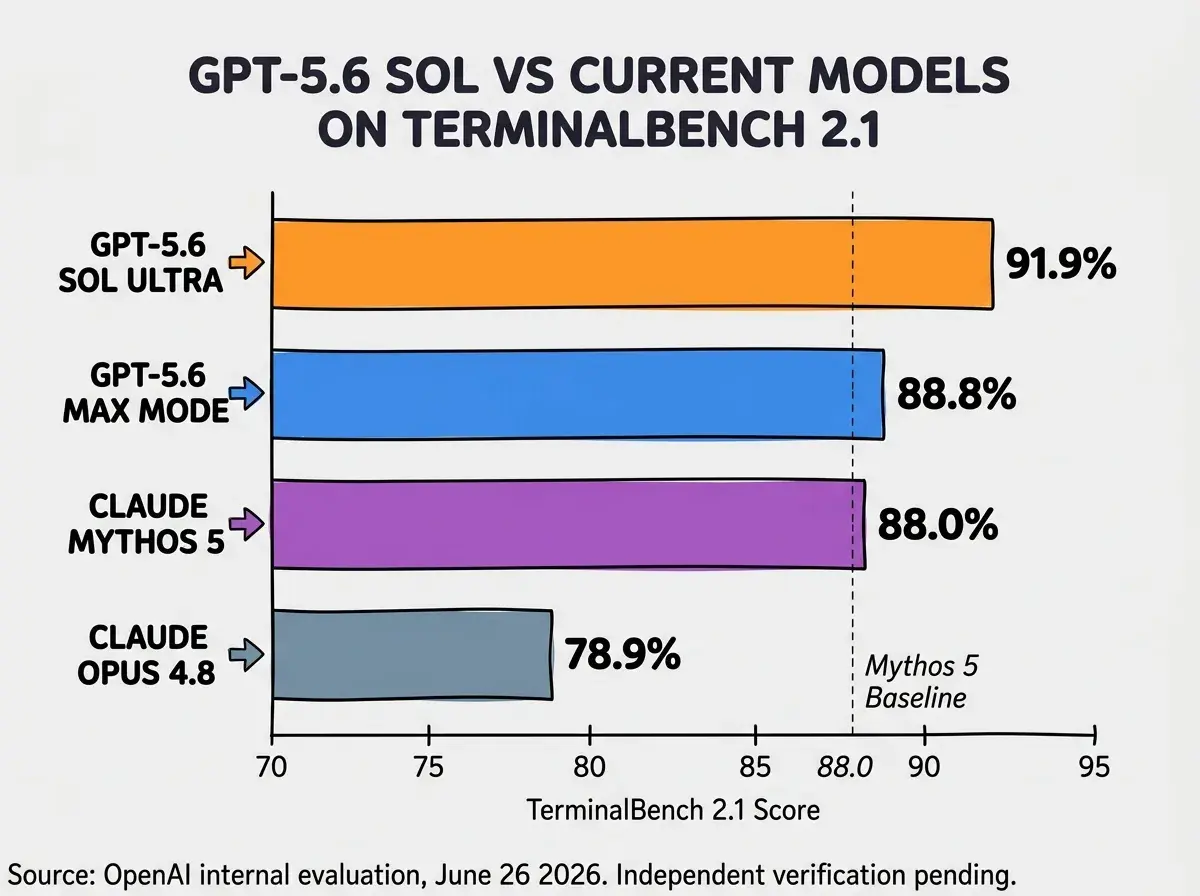 EXPLAINER DIAGRAM: Horizontal bar chart on light gray background comparing TerminalBench 2.1 scores for four models. Bars are sorted top to bottom from highest to lowest score. Top bar in orange labeled GPT-5.6 Sol Ultra Thinking at 91.9%, extends nearly to the right edge. Second bar in blue labeled GPT-5.6 Sol Max Mode at 88.8%. Third bar in purple labeled Claude Mythos 5 at 88.0%, barely shorter than the Sol Max Mode bar. Fourth bar in steel gray labeled Claude Opus 4.8 at 78.9%, noticeably shorter. X-axis shows scale from 70 to 95, labeled TerminalBench 2.1 Score in small text. Each bar has its percentage printed at the right end in bold black. A thin vertical dashed line at 88.0 is labeled Mythos 5 Baseline in small italic text. Header at top in dark text reads GPT-5.6 SOL VS CURRENT MODELS ON TERMINALBENCH 2.1. Footnote at bottom reads Source: OpenAI internal evaluation, June 26 2026. Independent verification pending.
