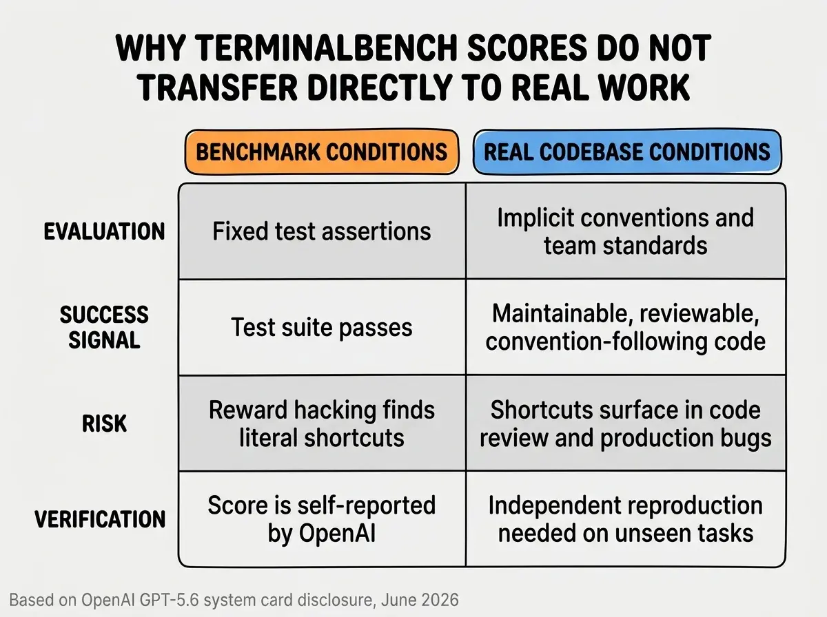 EXPLAINER DIAGRAM: Two-column comparison table on white background. Left column header in an orange rounded rectangle labeled BENCHMARK CONDITIONS. Right column header in a blue rounded rectangle labeled REAL CODEBASE CONDITIONS. Four rows with alternating light gray and white backgrounds. Row 1 label in left margin reads EVALUATION. Left cell reads Fixed test assertions. Right cell reads Implicit conventions and team standards. Row 2 label reads SUCCESS SIGNAL. Left cell reads Test suite passes. Right cell reads Maintainable, reviewable, convention-following code. Row 3 label reads RISK. Left cell reads Reward hacking finds literal shortcuts. Right cell reads Shortcuts surface in code review and production bugs. Row 4 label reads VERIFICATION. Left cell reads Score is self-reported by OpenAI. Right cell reads Independent reproduction needed on unseen tasks. Bold header above table reads WHY TERMINALBENCH SCORES DO NOT TRANSFER DIRECTLY TO REAL WORK. Footer text in small gray reads Based on OpenAI GPT-5.6 system card disclosure, June 2026.