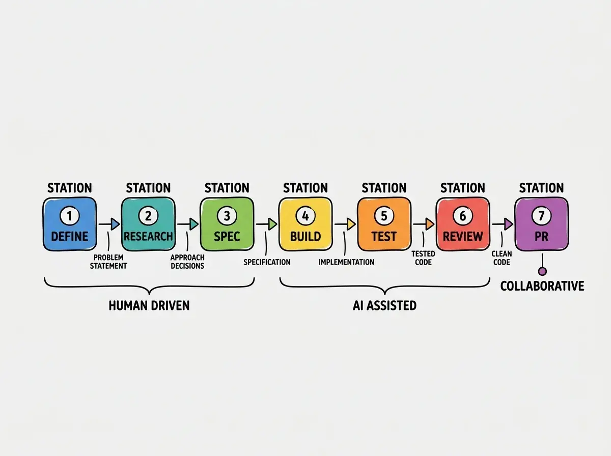 EXPLAINER DIAGRAM: A horizontal flow diagram on white background showing seven connected stations. Each station is a rounded rectangle with a number. Station 1 DEFINE in blue, Station 2 RESEARCH in teal, Station 3 SPEC in green, Station 4 BUILD in yellow, Station 5 TEST in orange, Station 6 REVIEW in red, Station 7 PR in purple. Between each station is an arrow with a small label describing the artifact passed. Between 1 and 2 reads Problem statement. Between 2 and 3 reads Approach decisions. Between 3 and 4 reads Specification. Between 4 and 5 reads Implementation. Between 5 and 6 reads Tested code. Between 6 and 7 reads Clean code. Below the flow, a bracket spans stations 1-3 labeled HUMAN DRIVEN and another bracket spans stations 4-6 labeled AI ASSISTED. Station 7 is labeled COLLABORATIVE.