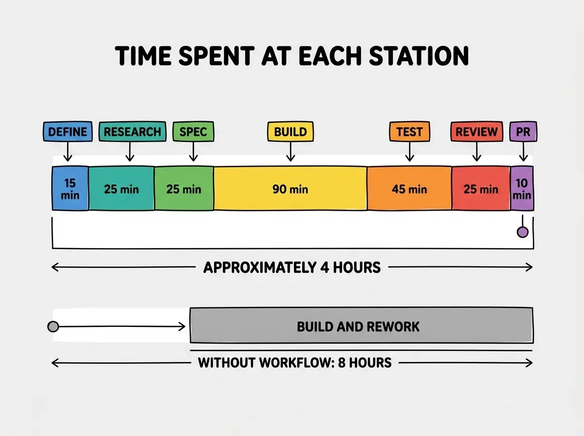 EXPLAINER DIAGRAM: A horizontal stacked bar chart on white background. One long bar divided into seven colored segments representing time spent at each station. Segment 1 DEFINE in blue is narrow, labeled 15 min. Segment 2 RESEARCH in teal is slightly wider, labeled 25 min. Segment 3 SPEC in green is medium width, labeled 25 min. Segment 4 BUILD in yellow is the widest segment, labeled 90 min. Segment 5 TEST in orange is medium, labeled 45 min. Segment 6 REVIEW in red is narrow, labeled 25 min. Segment 7 PR in purple is narrowest, labeled 10 min. Below the bar, a total label reads APPROXIMATELY 4 HOURS. A second smaller bar below shows the same feature WITHOUT WORKFLOW taking approximately 8 HOURS, with most time in a single gray block labeled BUILD AND REWORK.