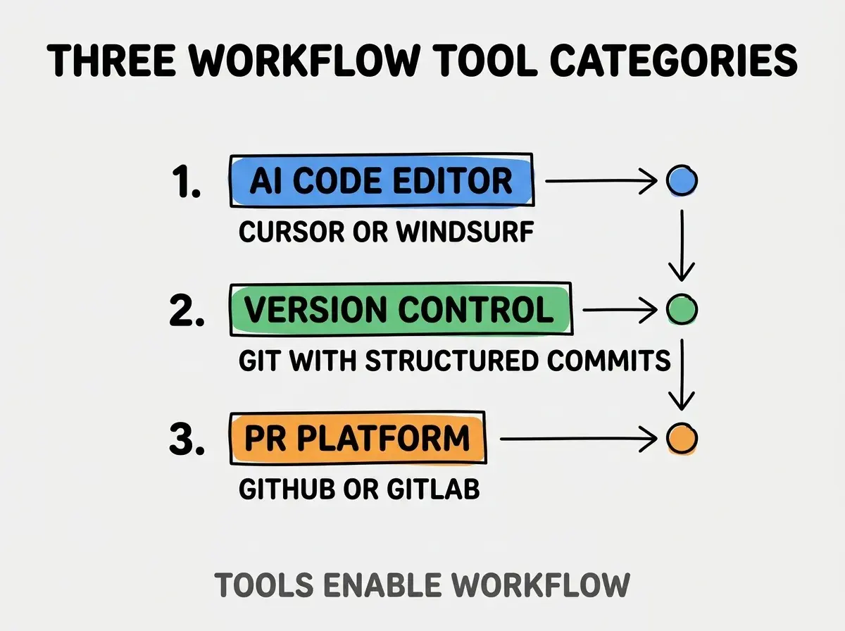 Clean modern flat infographic on light gray background. Top title bold black: THREE WORKFLOW TOOL CATEGORIES. Single vertical numbered list with three rows. Row 1 blue badge AI CODE EDITOR with subtitle CURSOR OR WINDSURF. Row 2 green badge VERSION CONTROL with subtitle GIT WITH STRUCTURED COMMITS. Row 3 orange badge PR PLATFORM with subtitle GITHUB OR GITLAB. Footer text dark gray: TOOLS ENABLE WORKFLOW. Each label appears exactly once. No duplicated text.