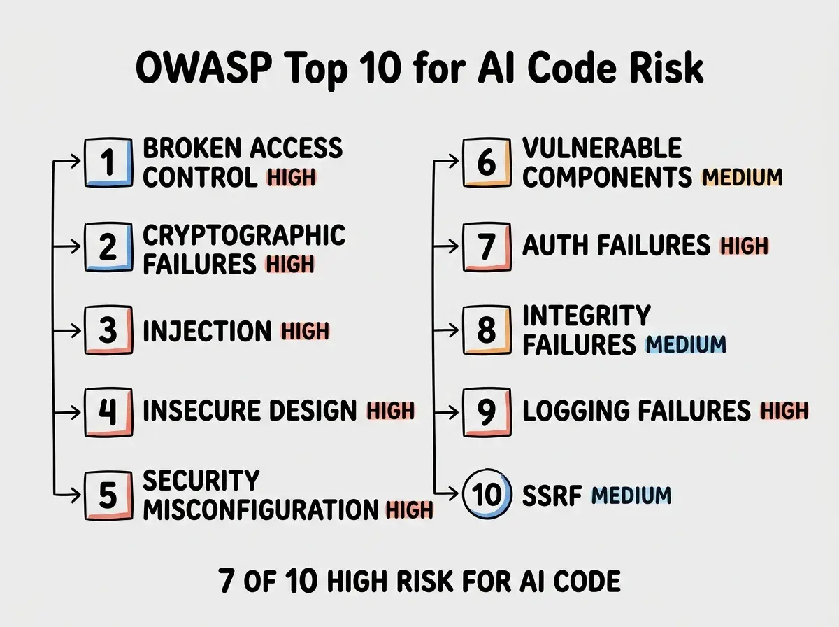 EXPLAINER DIAGRAM: A numbered list of the OWASP Top 10 arranged in two columns of five. Each entry has a number, a short name, and an AI-specific risk indicator showing LOW, MEDIUM, or HIGH risk for AI-generated code. Left column: 1 BROKEN ACCESS CONTROL marked HIGH, 2 CRYPTOGRAPHIC FAILURES marked HIGH, 3 INJECTION marked HIGH, 4 INSECURE DESIGN marked HIGH, 5 SECURITY MISCONFIGURATION marked HIGH. Right column: 6 VULNERABLE COMPONENTS marked MEDIUM, 7 AUTH FAILURES marked HIGH, 8 INTEGRITY FAILURES marked MEDIUM, 9 LOGGING FAILURES marked HIGH, 10 SSRF marked MEDIUM. A footer note reads 7 OF 10 CATEGORIES ARE HIGH RISK FOR AI-GENERATED CODE.