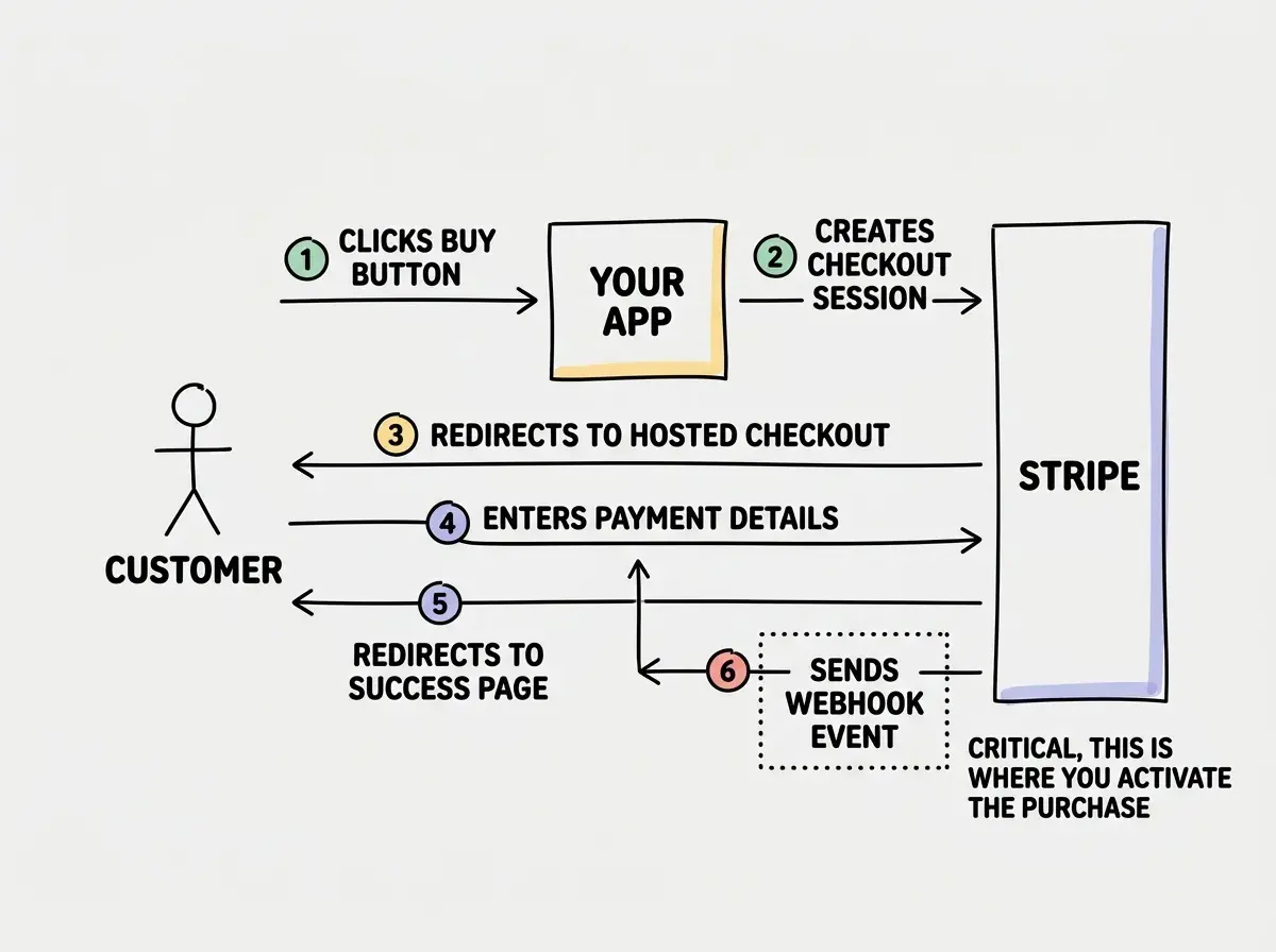 EXPLAINER DIAGRAM: A sequence diagram showing the Stripe checkout flow. On the left, a stick figure labeled CUSTOMER. In the middle, a box labeled YOUR APP. On the right, a box labeled STRIPE. Arrow 1 goes from CUSTOMER to YOUR APP labeled CLICKS BUY BUTTON. Arrow 2 goes from YOUR APP to STRIPE labeled CREATES CHECKOUT SESSION. Arrow 3 goes from STRIPE to CUSTOMER labeled REDIRECTS TO HOSTED CHECKOUT. Arrow 4 goes from CUSTOMER to STRIPE labeled ENTERS PAYMENT DETAILS. Arrow 5 goes from STRIPE to CUSTOMER labeled REDIRECTS TO SUCCESS PAGE. Arrow 6 goes from STRIPE to YOUR APP labeled SENDS WEBHOOK EVENT. A dotted box around Arrow 6 is labeled CRITICAL, THIS IS WHERE YOU ACTIVATE THE PURCHASE.
