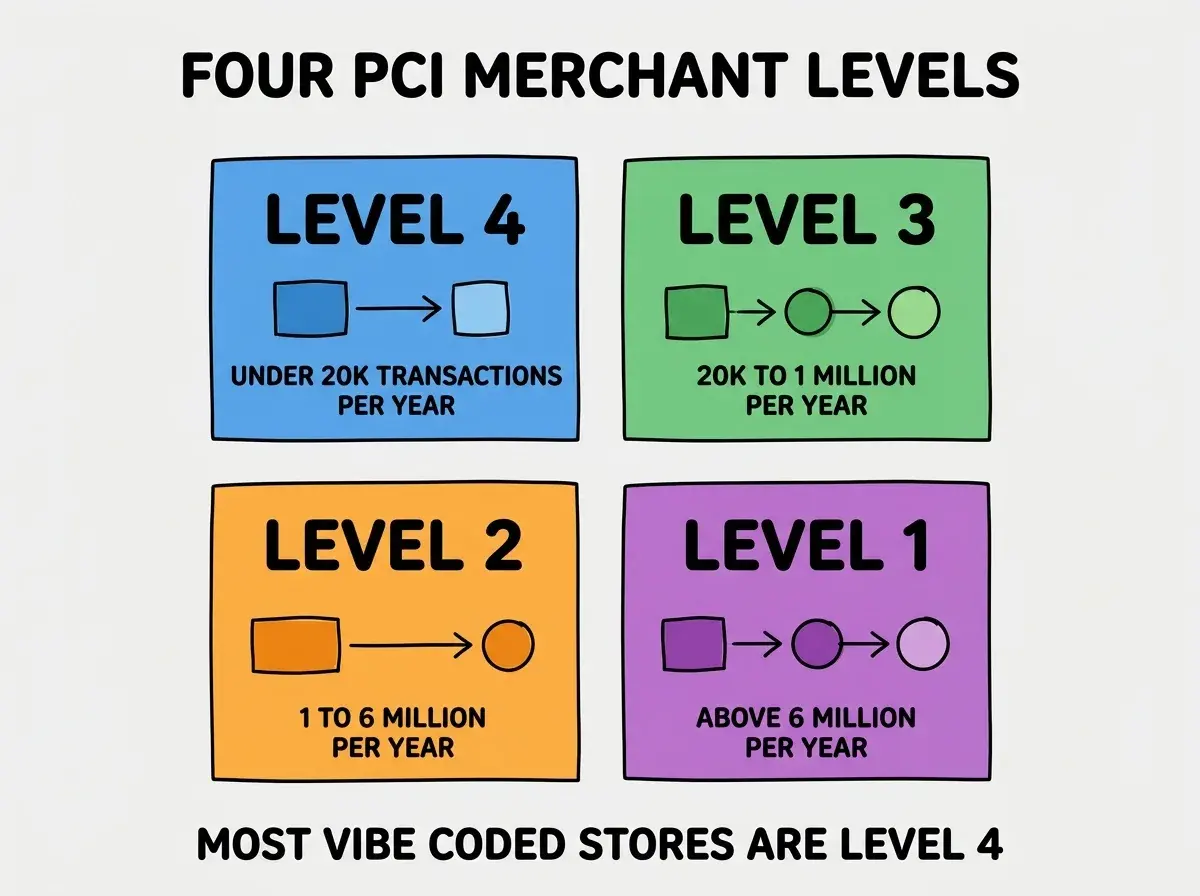 EXPLAINER DIAGRAM titled FOUR PCI MERCHANT LEVELS shown as a 2x2 grid of quadrants on a slate background. Top left blue LEVEL 4 sublabel UNDER 20K TRANSACTIONS PER YEAR. Top right green LEVEL 3 sublabel 20K TO 1 MILLION PER YEAR. Bottom left orange LEVEL 2 sublabel 1 TO 6 MILLION PER YEAR. Bottom right purple LEVEL 1 sublabel ABOVE 6 MILLION PER YEAR. Center label reads MOST VIBE CODED STORES ARE LEVEL 4. Footer reads LEVEL DETERMINES SCRUTINY NOT REQUIREMENTS.