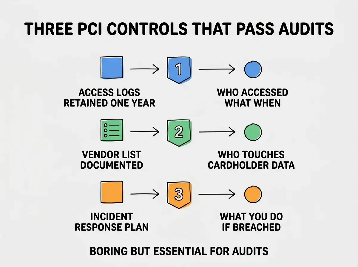 EXPLAINER DIAGRAM titled THREE PCI CONTROLS THAT PASS AUDITS shown as a vertical numbered list on a slate background. Three rows. Row 1 blue badge ACCESS LOGS RETAINED ONE YEAR sublabel WHO ACCESSED WHAT WHEN. Row 2 green badge VENDOR LIST DOCUMENTED sublabel WHO TOUCHES CARDHOLDER DATA. Row 3 orange badge INCIDENT RESPONSE PLAN sublabel WHAT YOU DO IF BREACHED. Footer reads BORING BUT ESSENTIAL FOR AUDITS.