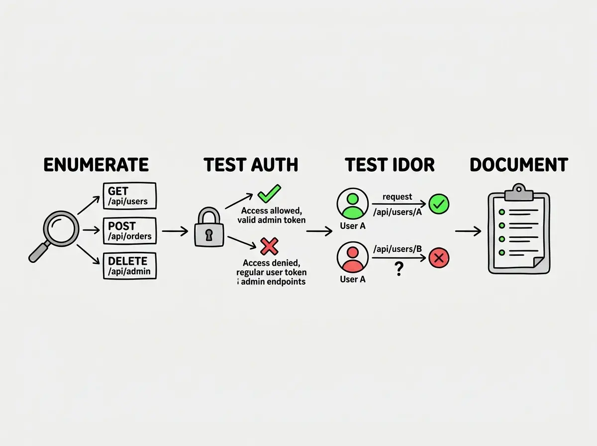 EXPLAINER DIAGRAM: A horizontal flowchart showing four API testing steps. Step 1 labeled ENUMERATE shows a magnifying glass scanning endpoints with arrows pointing to boxes labeled GET /api/users, POST /api/orders, DELETE /api/admin. Step 2 labeled TEST AUTH shows a lock with two scenarios: a green checkmark for requests with valid admin token and a red X for requests with regular user token hitting admin endpoints. Step 3 labeled TEST IDOR shows two user icons, User A requesting /api/users/A with a green checkmark and User A requesting /api/users/B with a question mark that should return a red X. Step 4 labeled DOCUMENT shows a clipboard with findings listed. An arrow connects all four steps left to right.