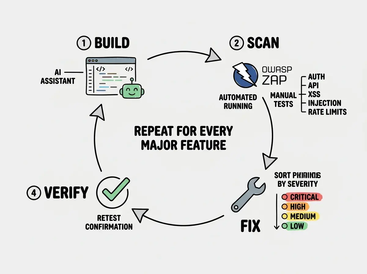 EXPLAINER DIAGRAM: A circular workflow diagram with four stages connected by arrows forming a loop. Stage 1 labeled BUILD shows a code editor icon with an AI assistant indicator. Stage 2 labeled SCAN shows the OWASP ZAP logo running automated and manual tests with a list of test types: auth, API, XSS, injection, rate limits. Stage 3 labeled FIX shows a wrench icon with a prioritized findings list sorted by severity: critical at top in red, high in orange, medium in yellow, low in green. Stage 4 labeled VERIFY shows a checkmark icon with a retest confirmation. An arrow loops from VERIFY back to BUILD. In the center of the loop, text reads REPEAT FOR EVERY MAJOR FEATURE.