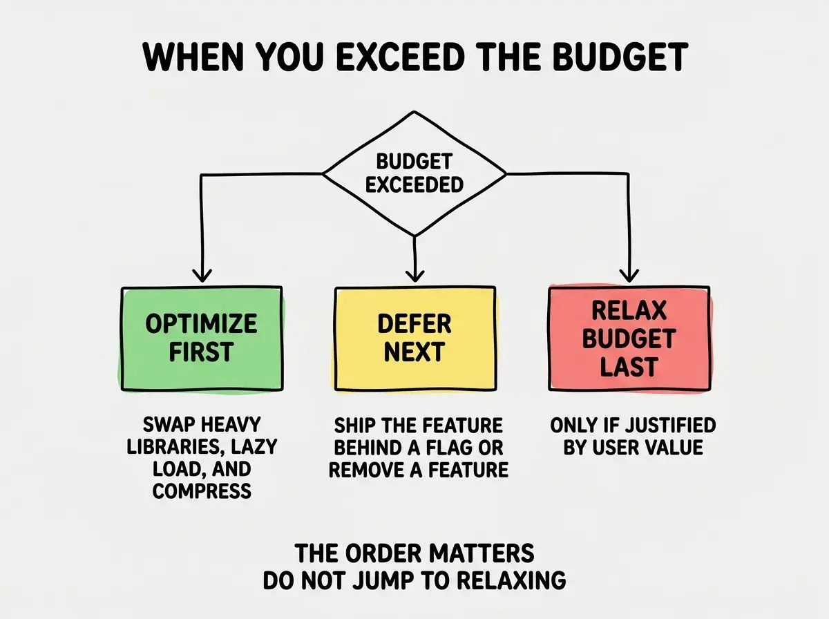 EXPLAINER DIAGRAM titled WHEN YOU EXCEED THE BUDGET shown as a flowchart on a slate background. Top diamond labeled BUDGET EXCEEDED. From the diamond, three branches lead to colored boxes. Left branch in green labeled OPTIMIZE FIRST with sublabel SWAP HEAVY LIBRARIES, LAZY LOAD, COMPRESS. Middle branch in yellow labeled DEFER NEXT with sublabel SHIP THE FEATURE BEHIND A FLAG, OR REMOVE A FEATURE TO MAKE ROOM. Right branch in red labeled RELAX BUDGET LAST with sublabel ONLY IF JUSTIFIED BY USER VALUE. Footer reads THE ORDER MATTERS DO NOT JUMP TO RELAXING.