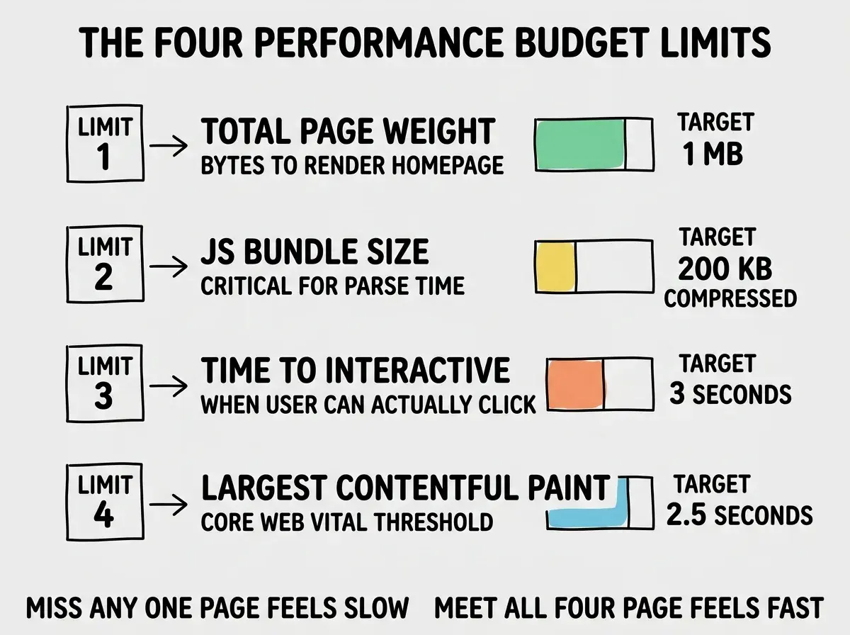 EXPLAINER DIAGRAM titled THE FOUR PERFORMANCE BUDGET LIMITS shown as a vertical list on a slate background. Limit 1 TOTAL PAGE WEIGHT, target 1 MB, sublabel BYTES DOWNLOADED TO RENDER HOMEPAGE. Limit 2 JS BUNDLE SIZE, target 200 KB COMPRESSED, sublabel CRITICAL FOR PARSE TIME. Limit 3 TIME TO INTERACTIVE, target 3 SECONDS, sublabel WHEN USER CAN ACTUALLY CLICK. Limit 4 LARGEST CONTENTFUL PAINT, target 2.5 SECONDS, sublabel CORE WEB VITAL THRESHOLD. Each limit row has a colored bar showing the budget level. Footer reads MISS ANY ONE THE PAGE FEELS SLOW MEET ALL FOUR THE PAGE FEELS FAST.