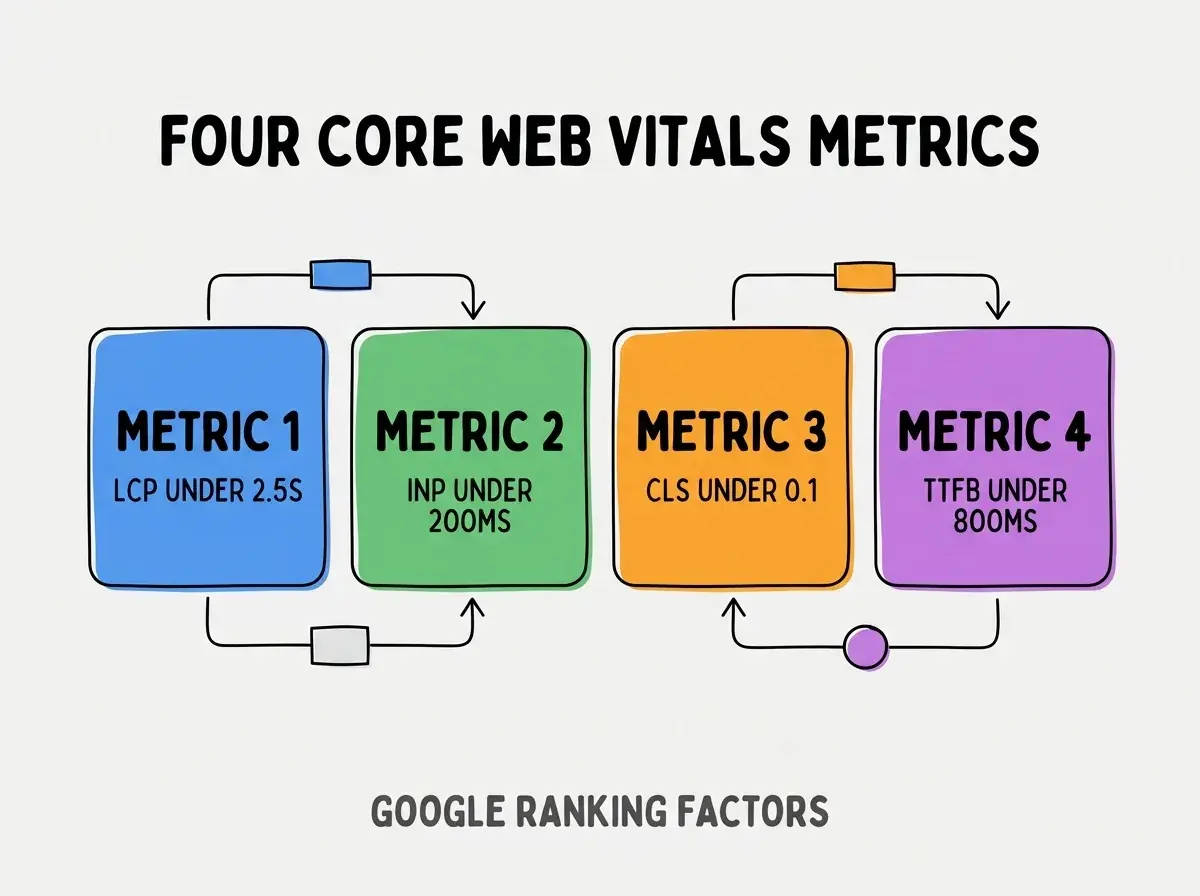 Clean modern flat infographic on light gray background. Top center bold black title text: FOUR CORE WEB VITALS METRICS. Below title, four equal sized colored rounded rectangle cards arranged horizontally. Card 1 blue: large bold text METRIC 1 then smaller text LCP UNDER 2.5S. Card 2 green: large bold text METRIC 2 then smaller text INP UNDER 200MS. Card 3 orange: large bold text METRIC 3 then smaller text CLS UNDER 0.1. Card 4 purple: large bold text METRIC 4 then smaller text TTFB UNDER 800MS. Single footer line below cards in dark gray text: GOOGLE RANKING FACTORS. Nothing else on canvas. No text outside cards or below cards.